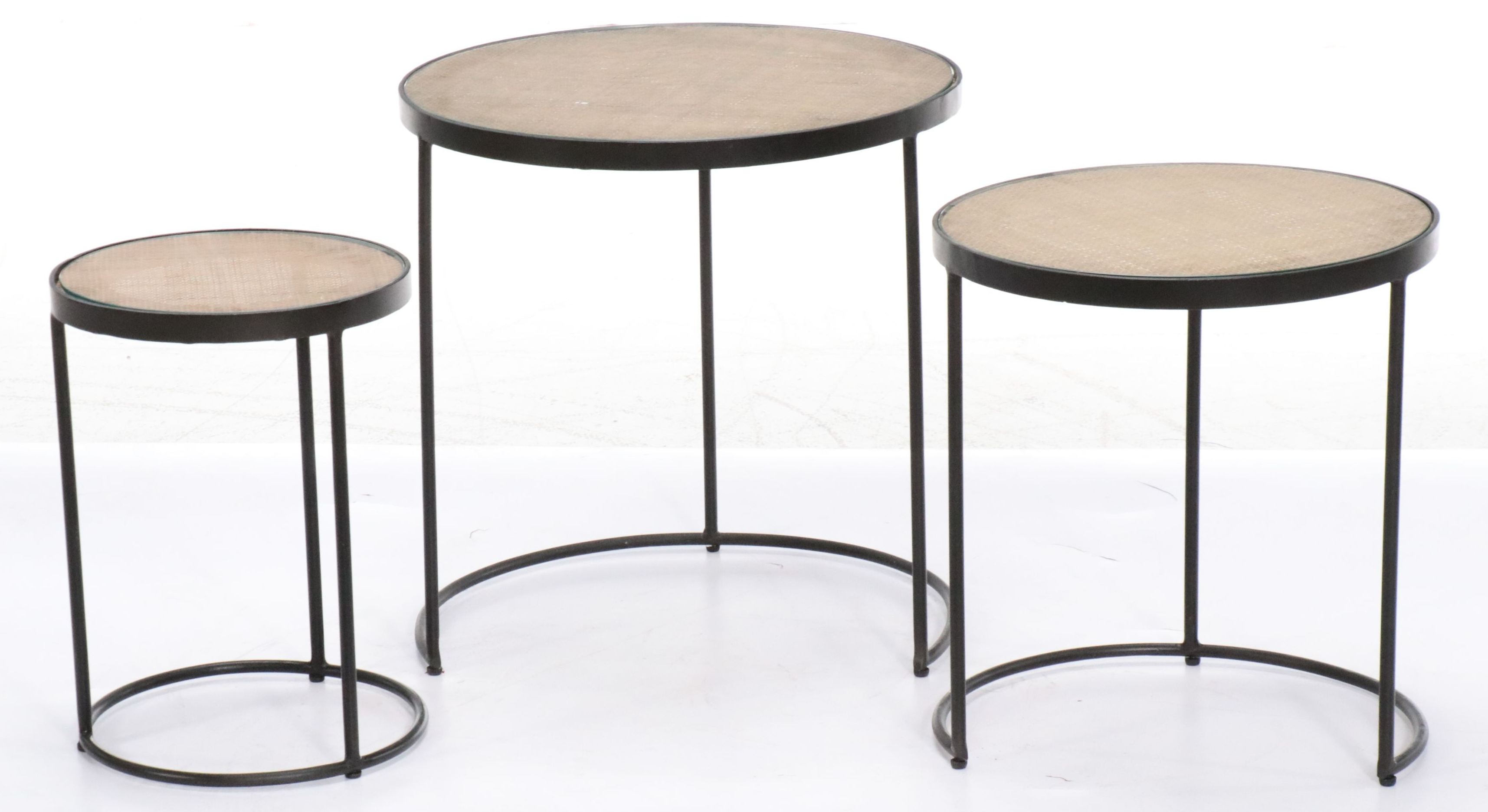 Contemporary Metal and Woven Cane Top Nesting Tables