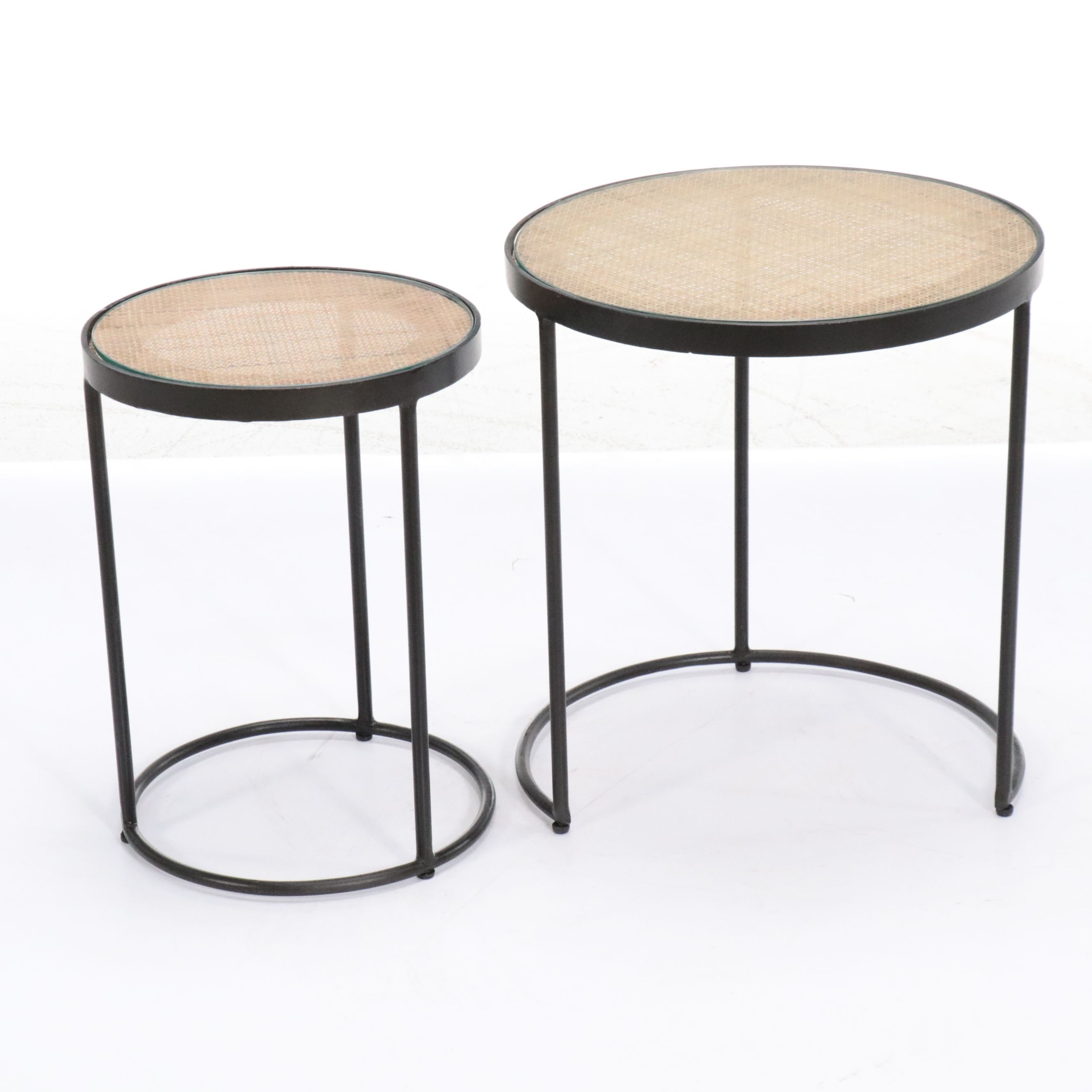 Contemporary Metal and Woven Cane Top Nesting Tables