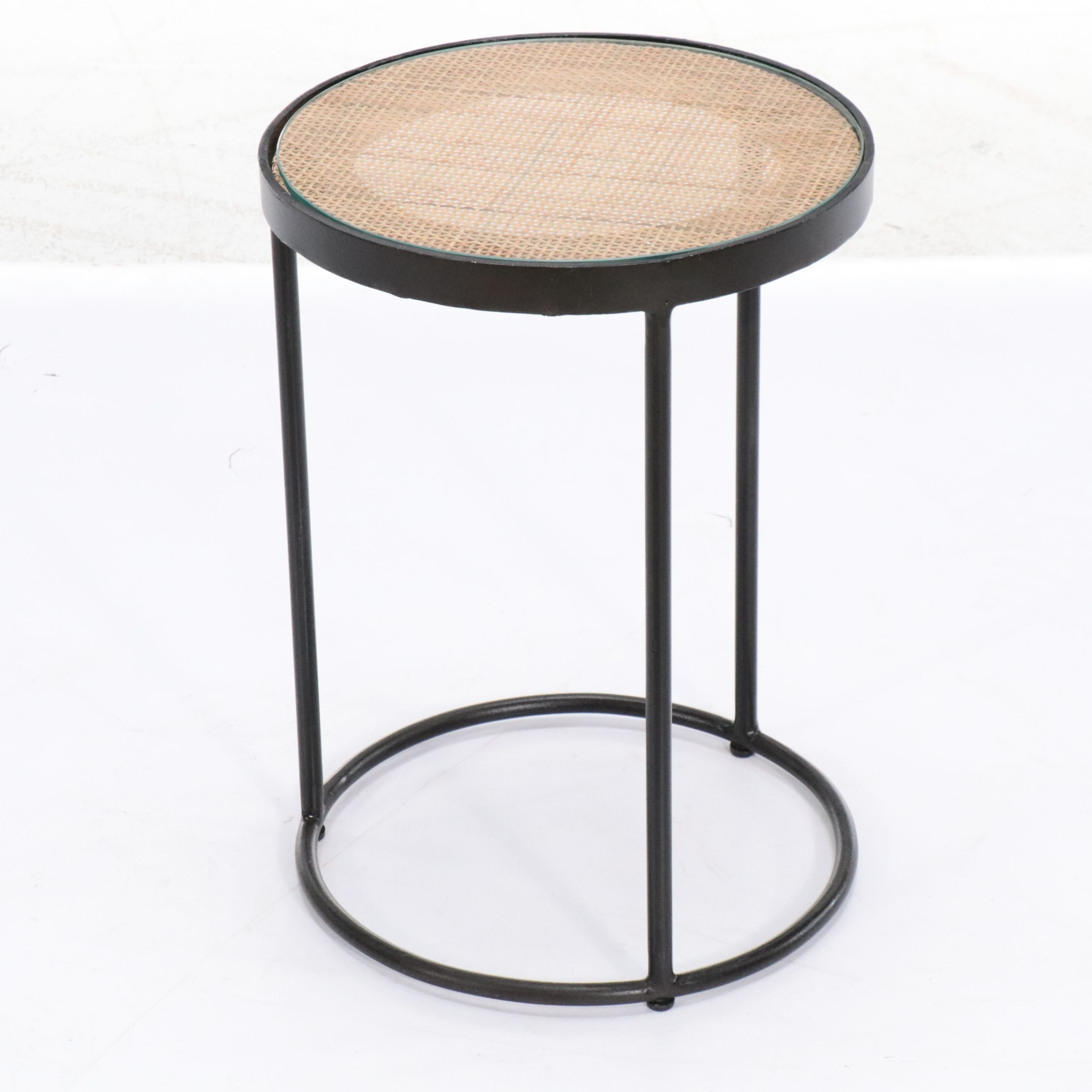 Contemporary Metal and Woven Cane Top Nesting Tables