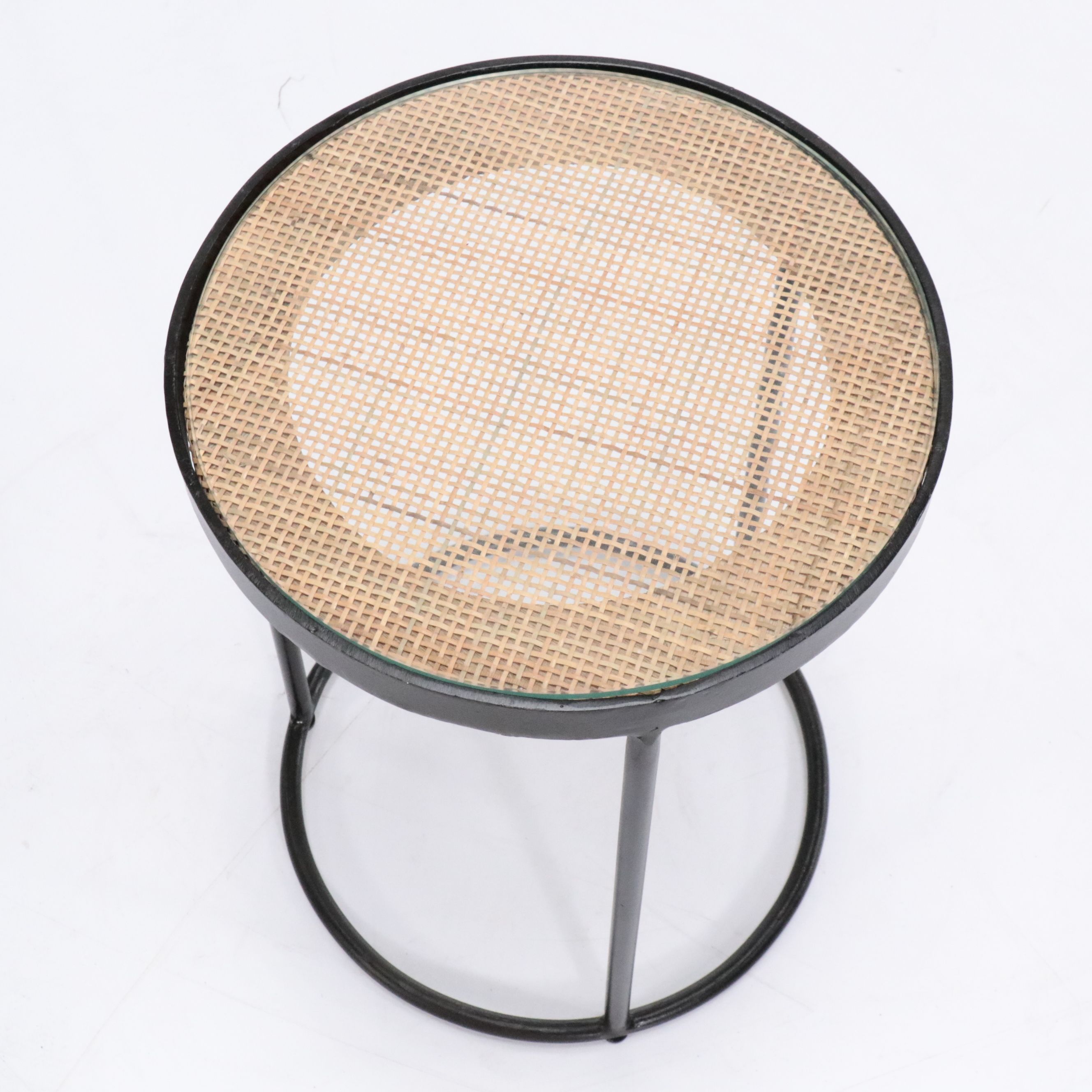 Contemporary Metal and Woven Cane Top Nesting Tables