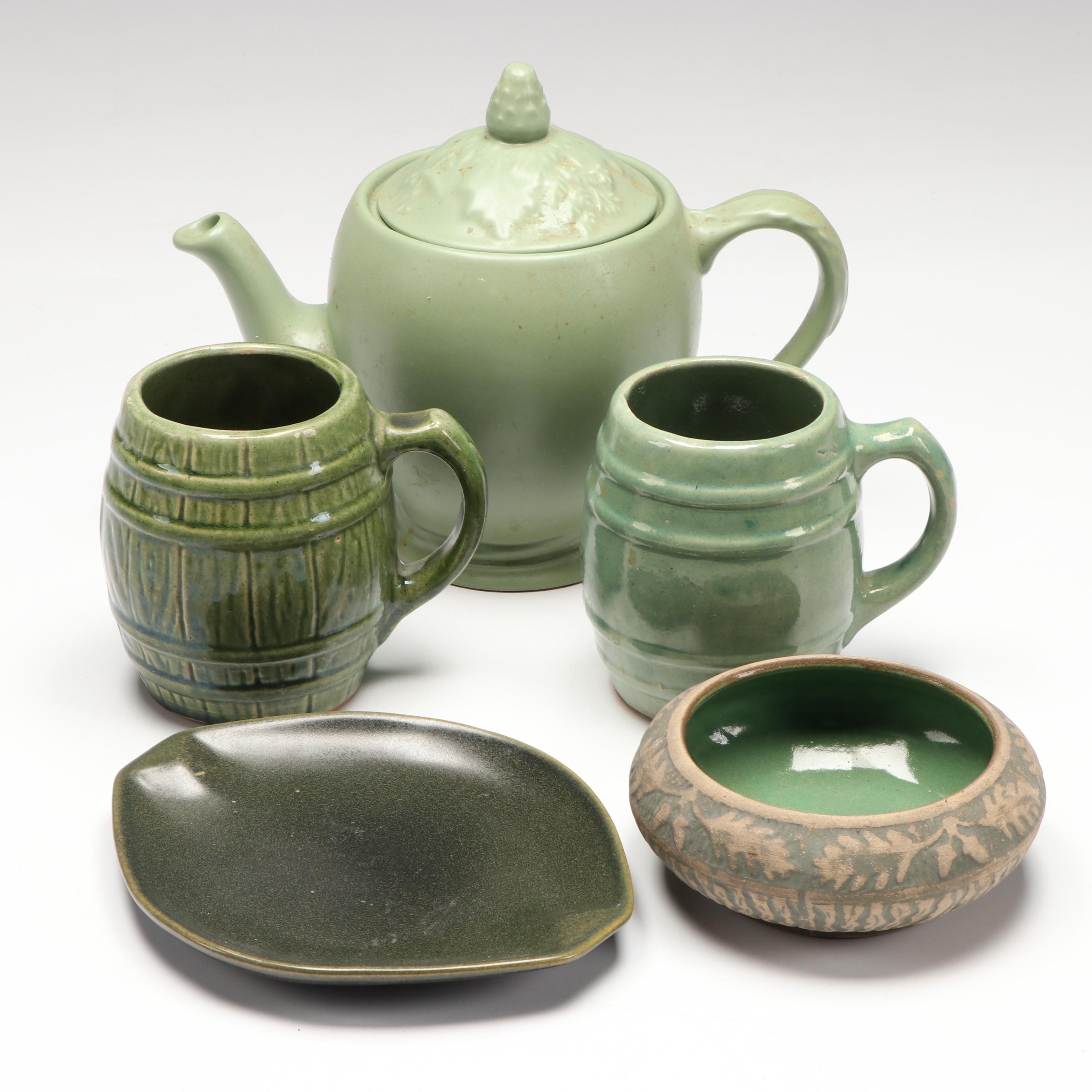 Roseville Pottery Plate with Brushware Bowl, and More Green Ceramic Dishes