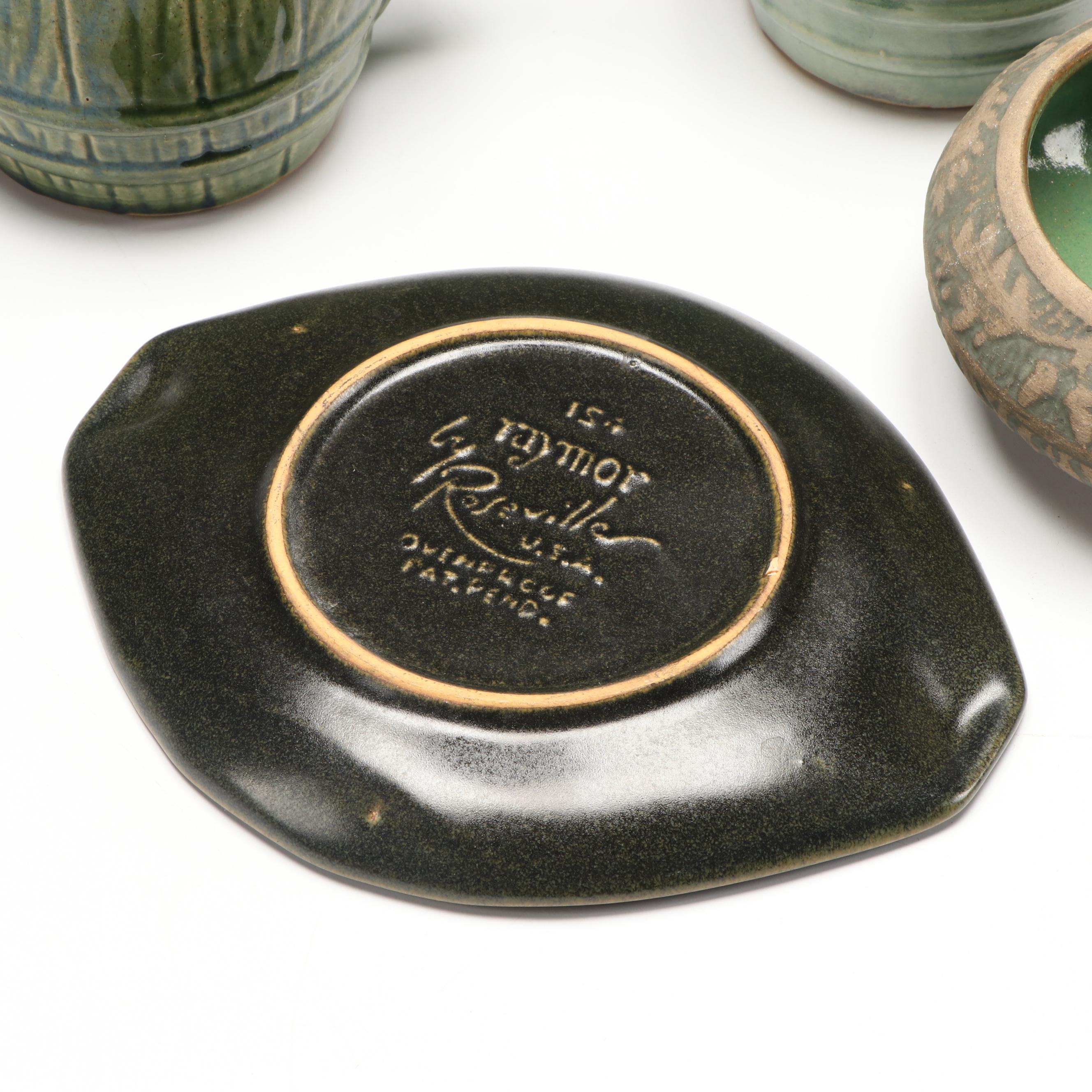 Roseville Pottery Plate with Brushware Bowl, and More Green Ceramic Dishes