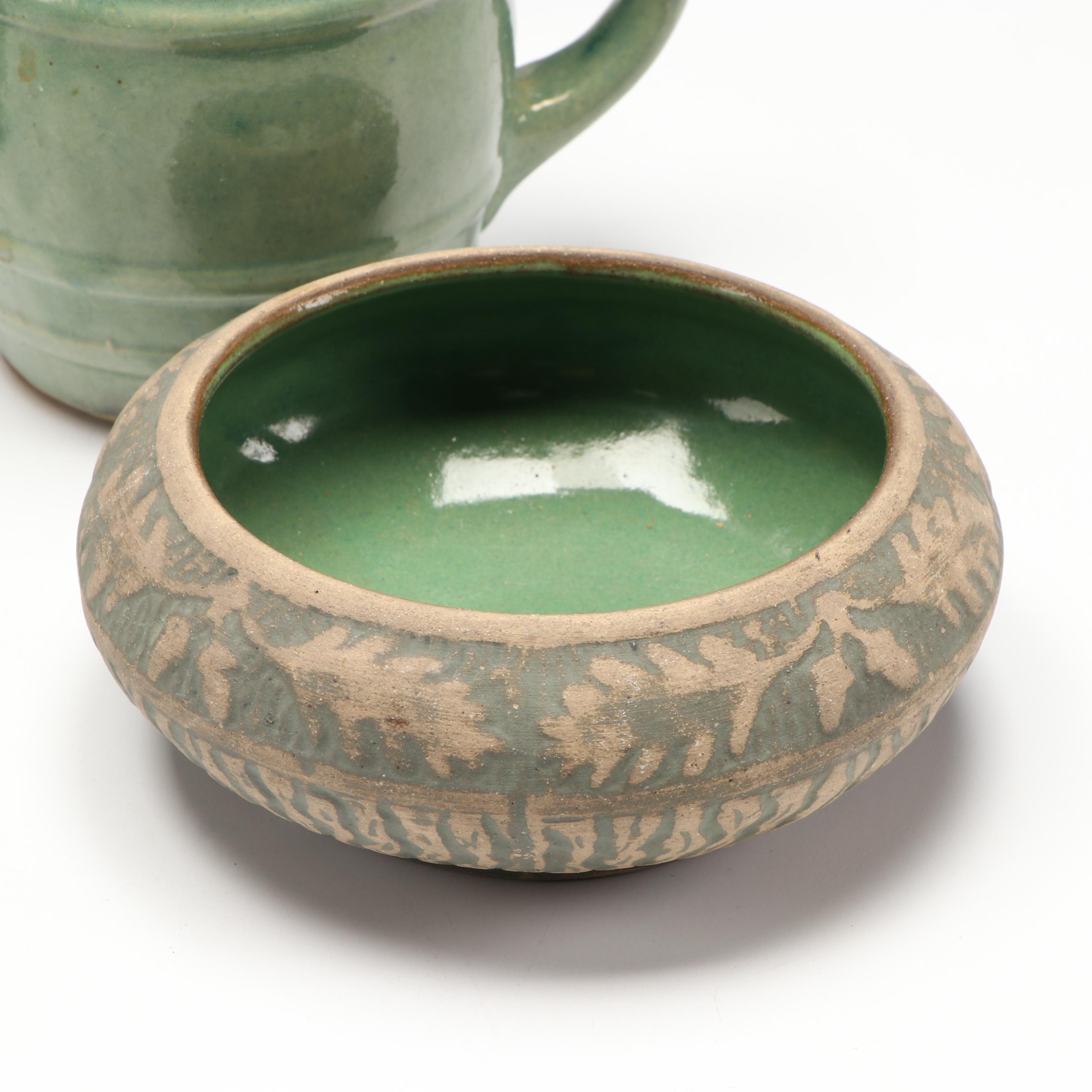 Roseville Pottery Plate with Brushware Bowl, and More Green Ceramic Dishes