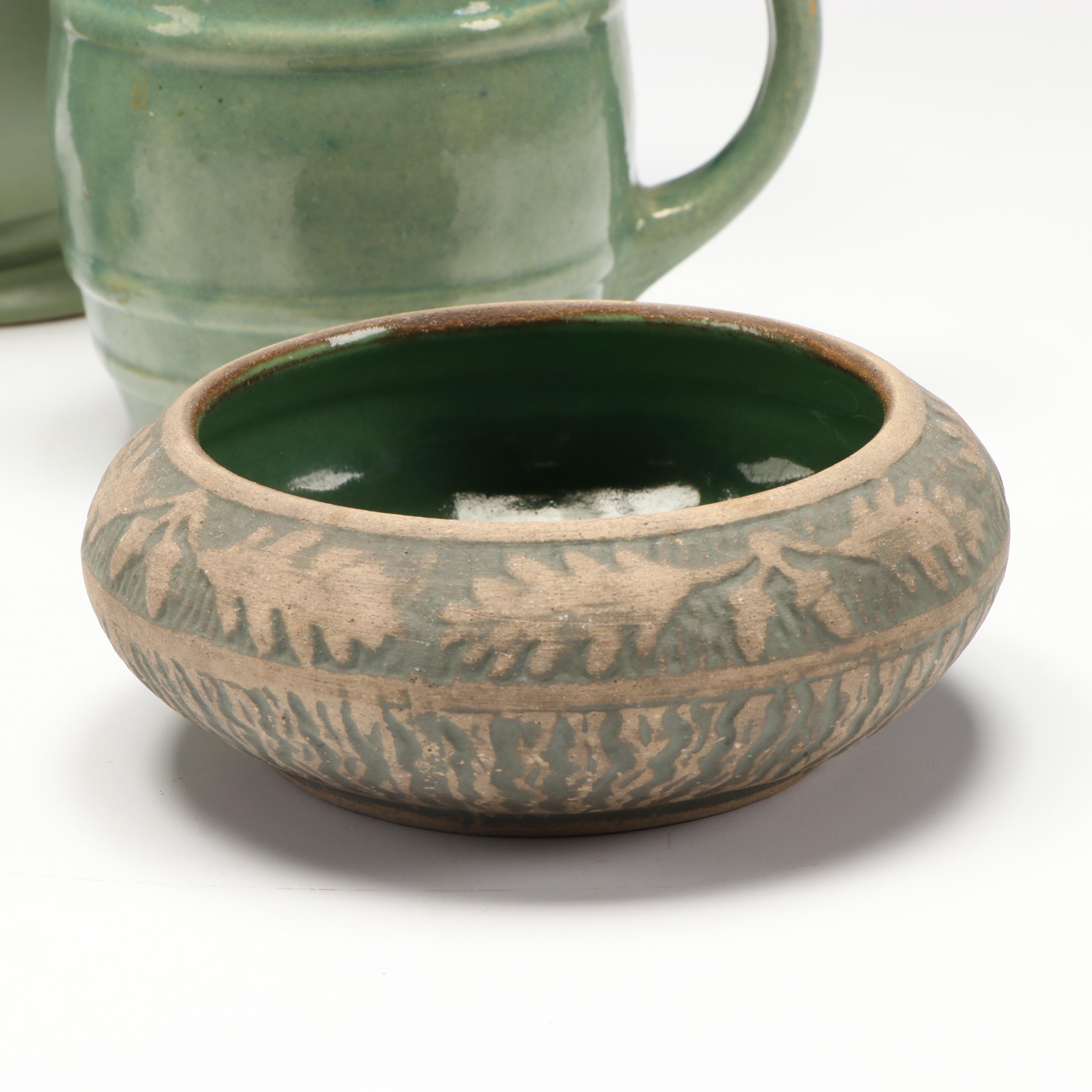 Roseville Pottery Plate with Brushware Bowl, and More Green Ceramic Dishes