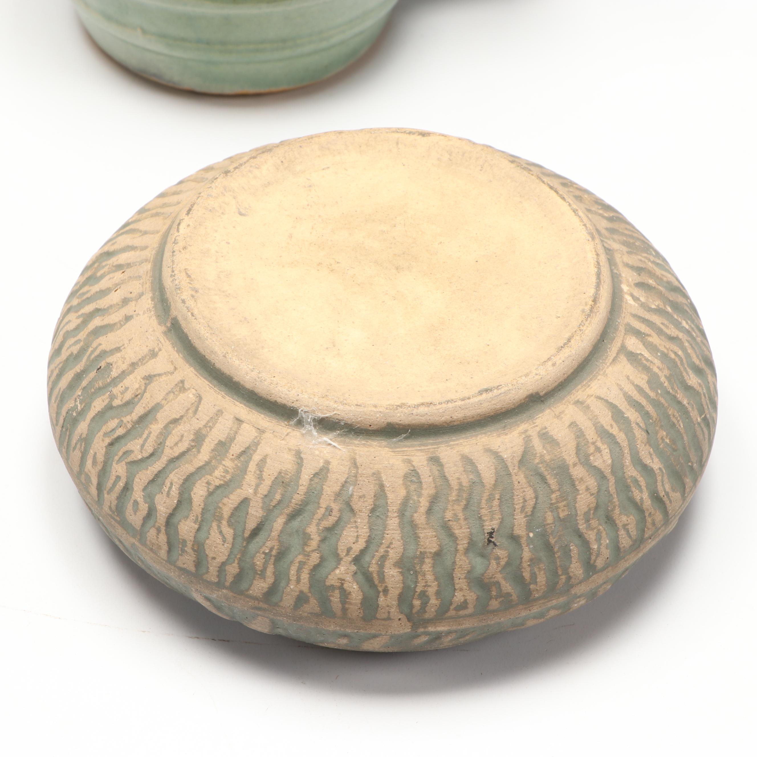 Roseville Pottery Plate with Brushware Bowl, and More Green Ceramic Dishes