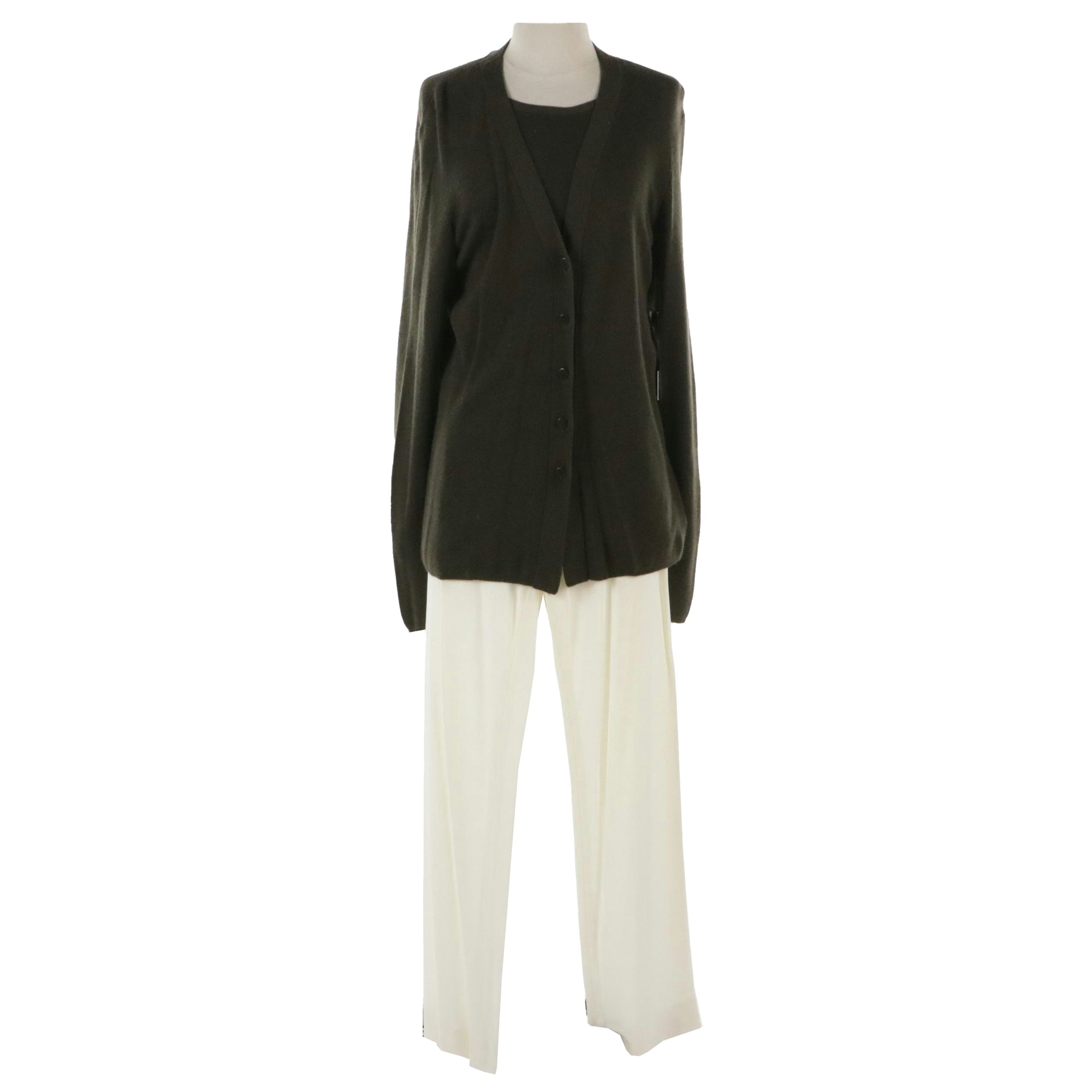 Donna Karan Cashmere Cardigan and Knit Long Sleeve Set with White Rayon Trousers