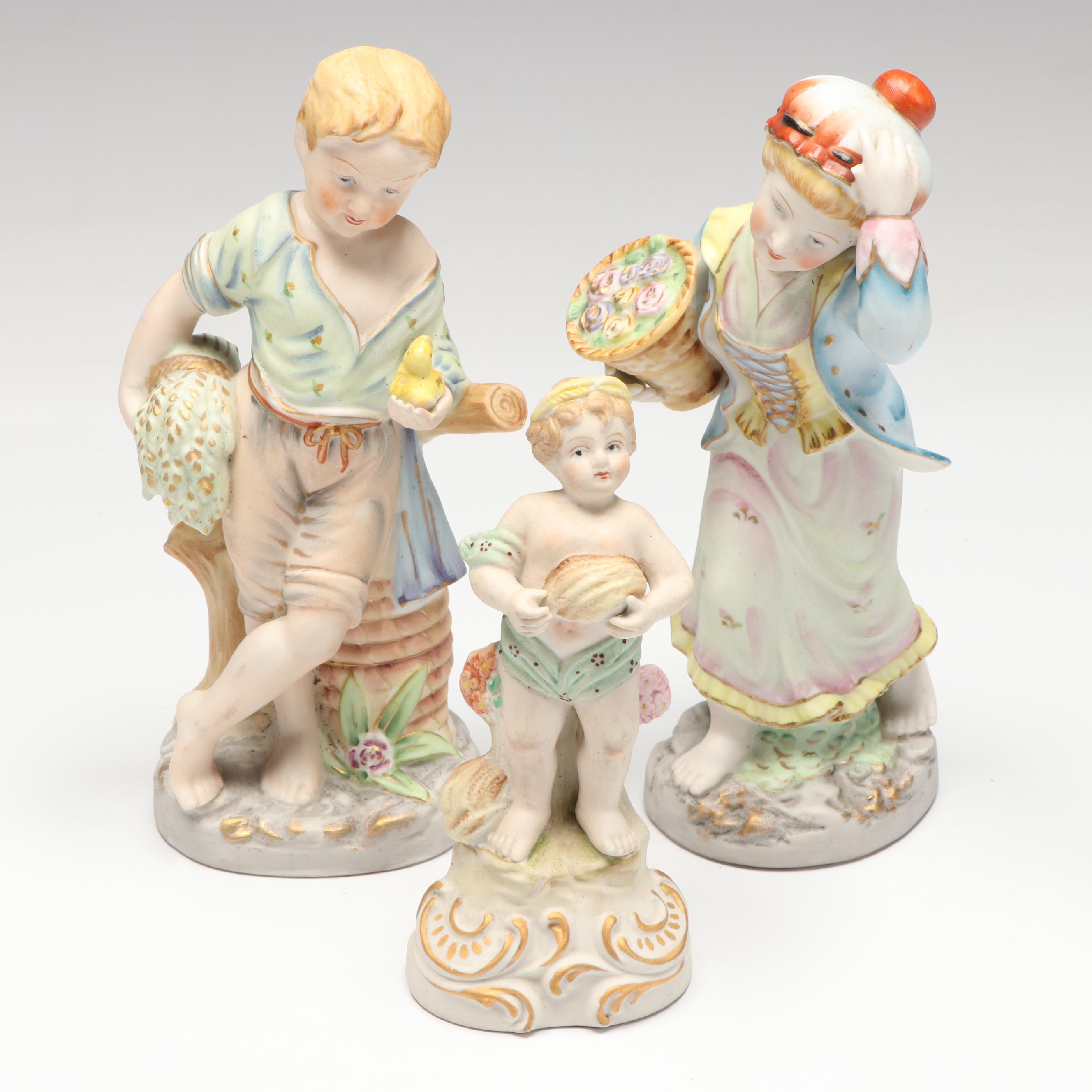 Occupied Japan Era Bisque Porcelain Hand-Painted Figurines, Mid-20th Century
