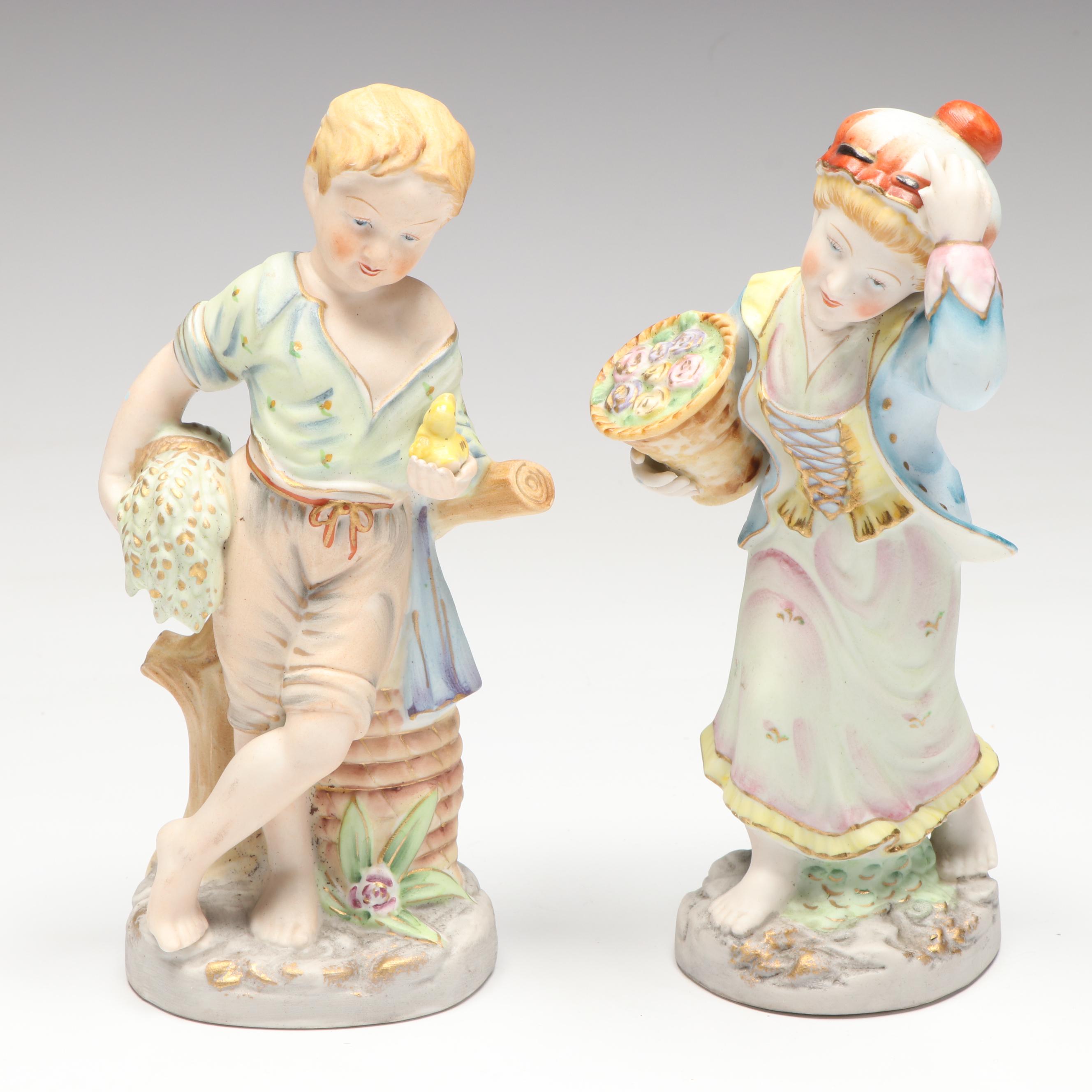 Occupied Japan Era Bisque Porcelain Hand-Painted Figurines, Mid-20th Century
