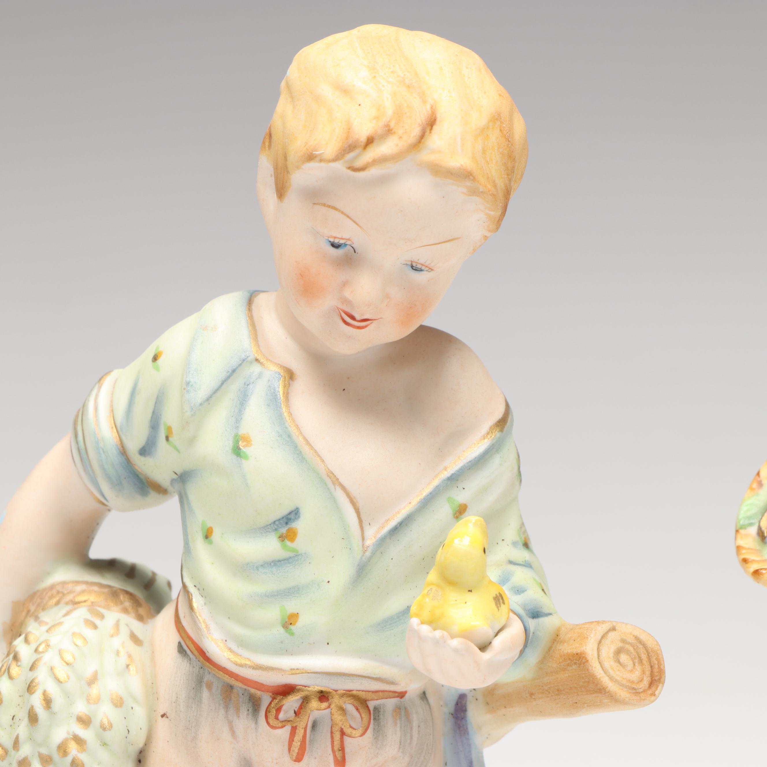 Occupied Japan Era Bisque Porcelain Hand-Painted Figurines, Mid-20th Century