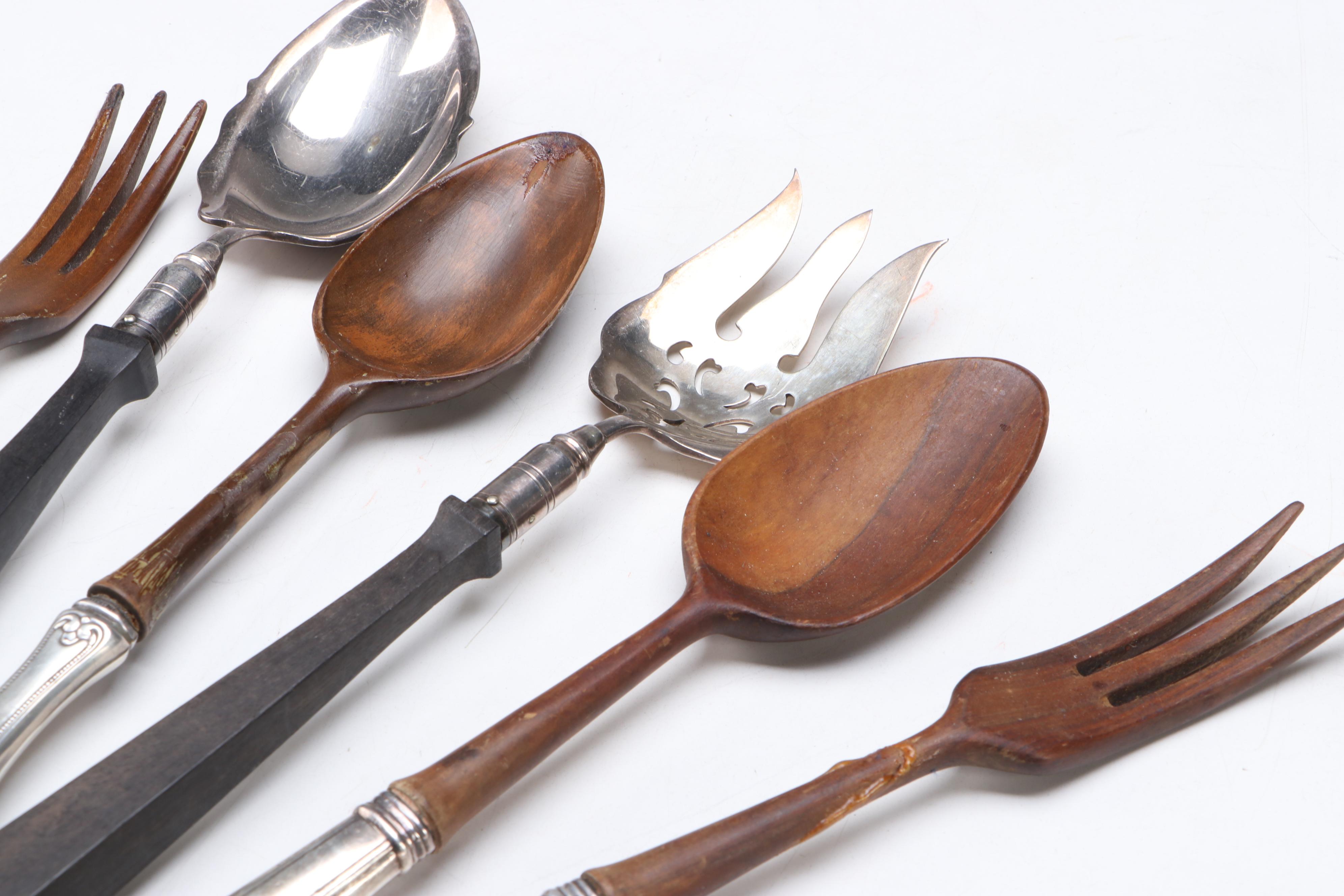 American Sterling Silver and Wood Serving Spoons and Forks