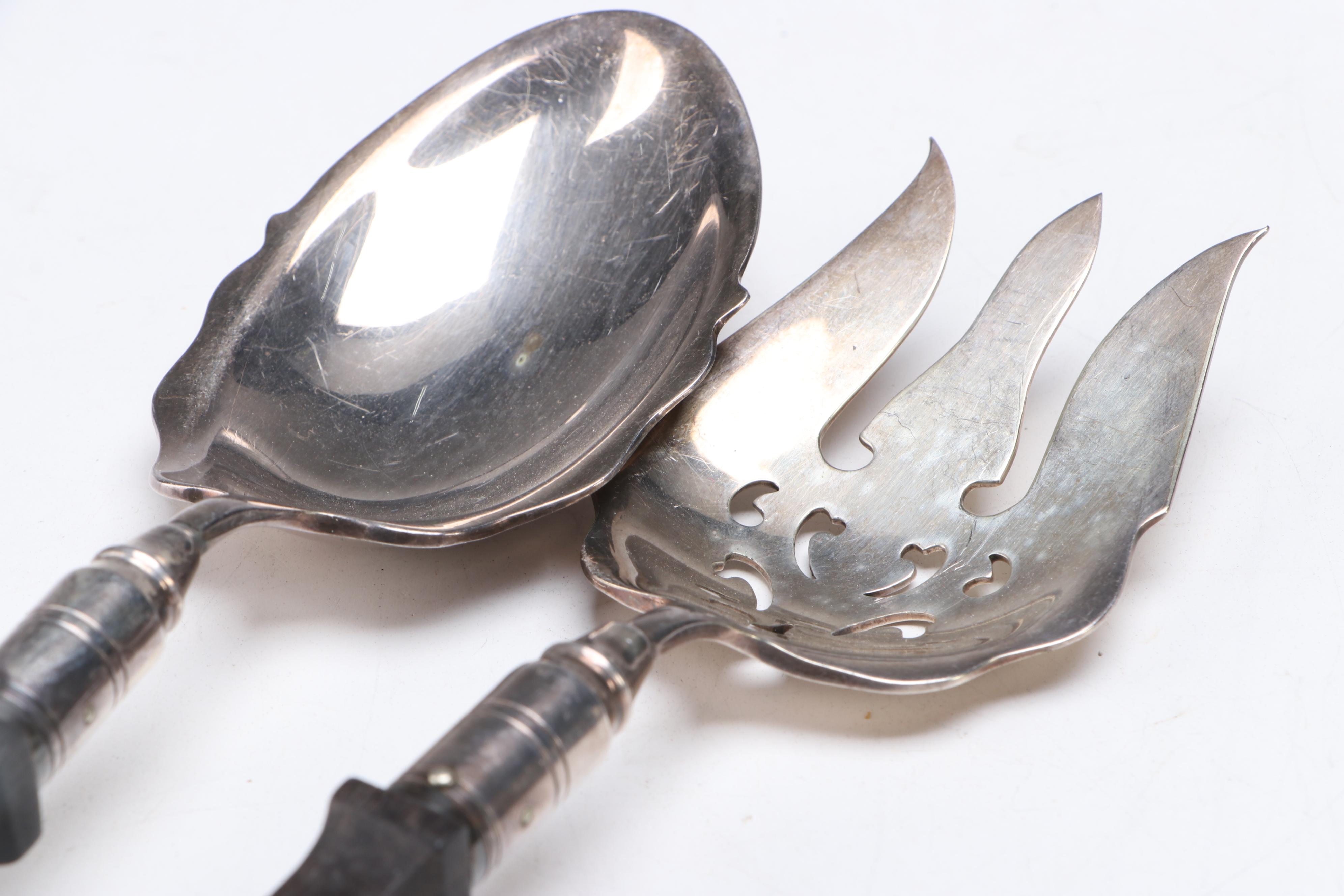 American Sterling Silver and Wood Serving Spoons and Forks