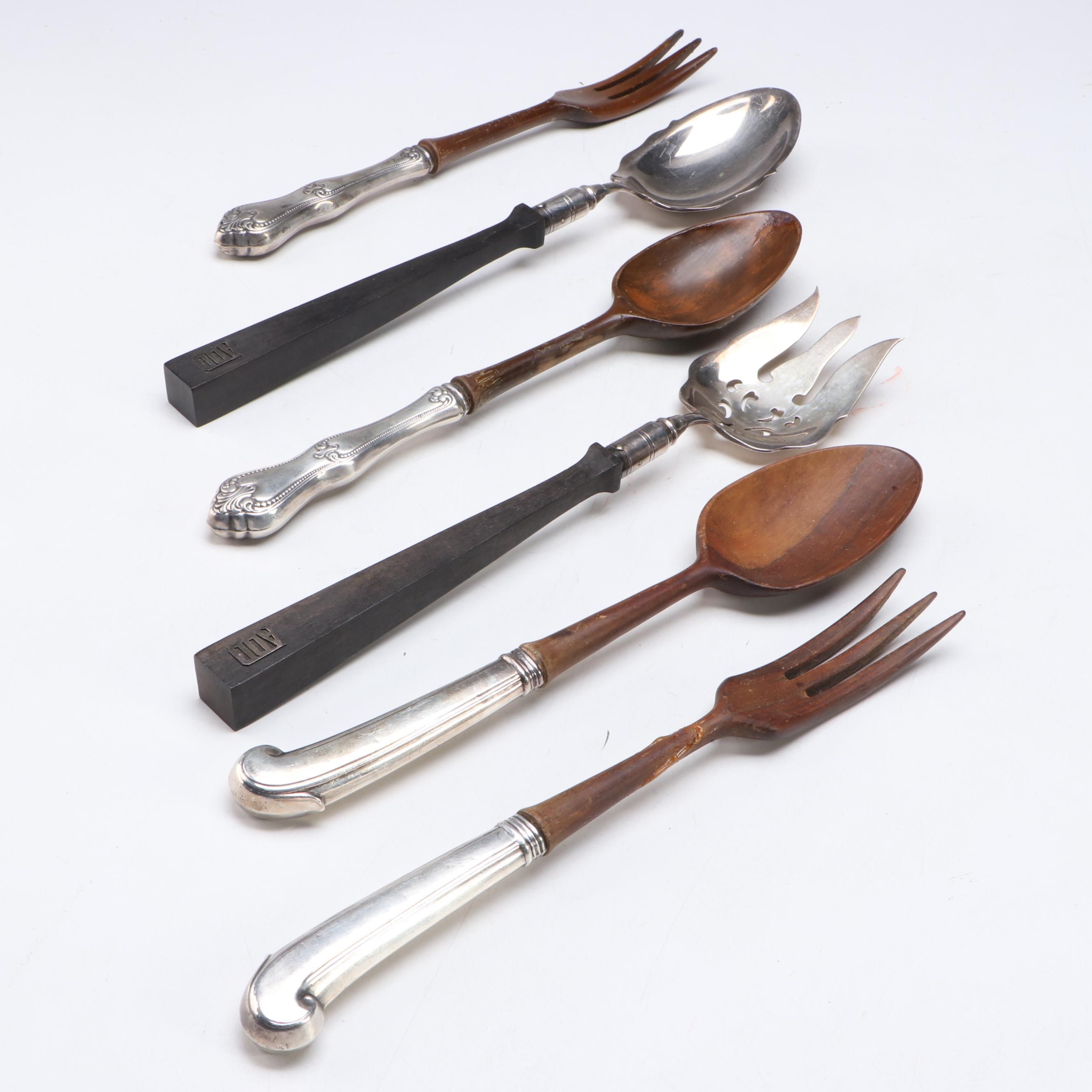American Sterling Silver and Wood Serving Spoons and Forks