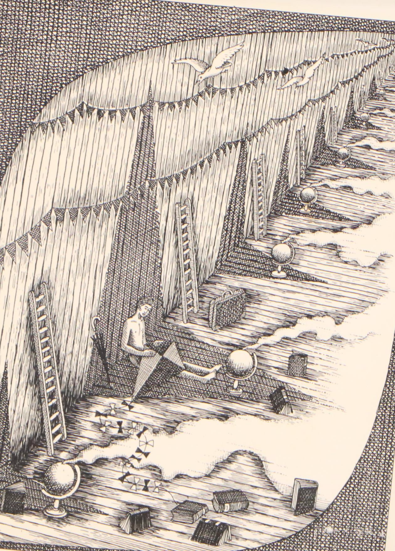 Autumn Rhodes Lithograph of Man with Kite in Surrealist Hallway, 1991