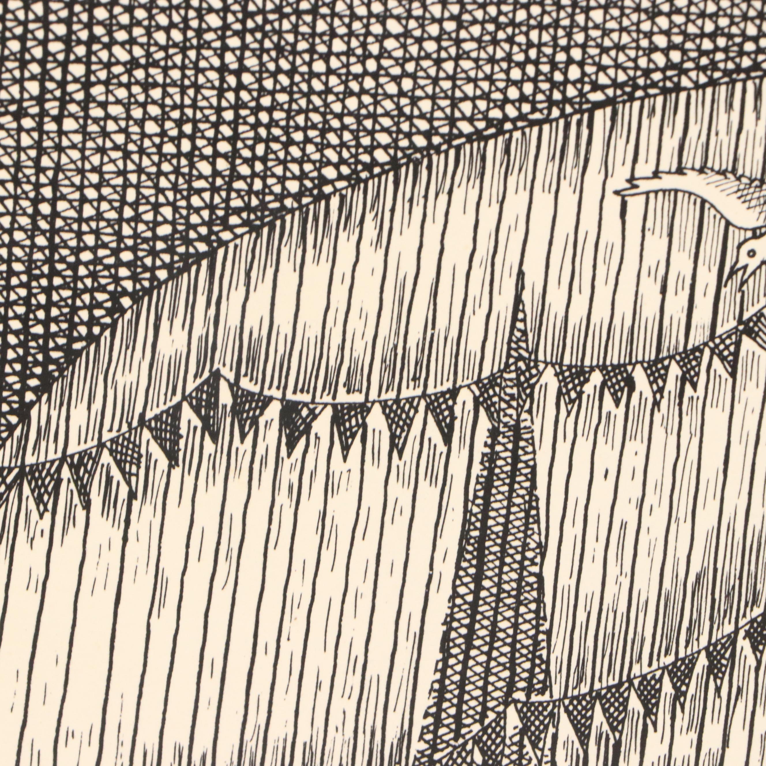 Autumn Rhodes Lithograph of Man with Kite in Surrealist Hallway, 1991