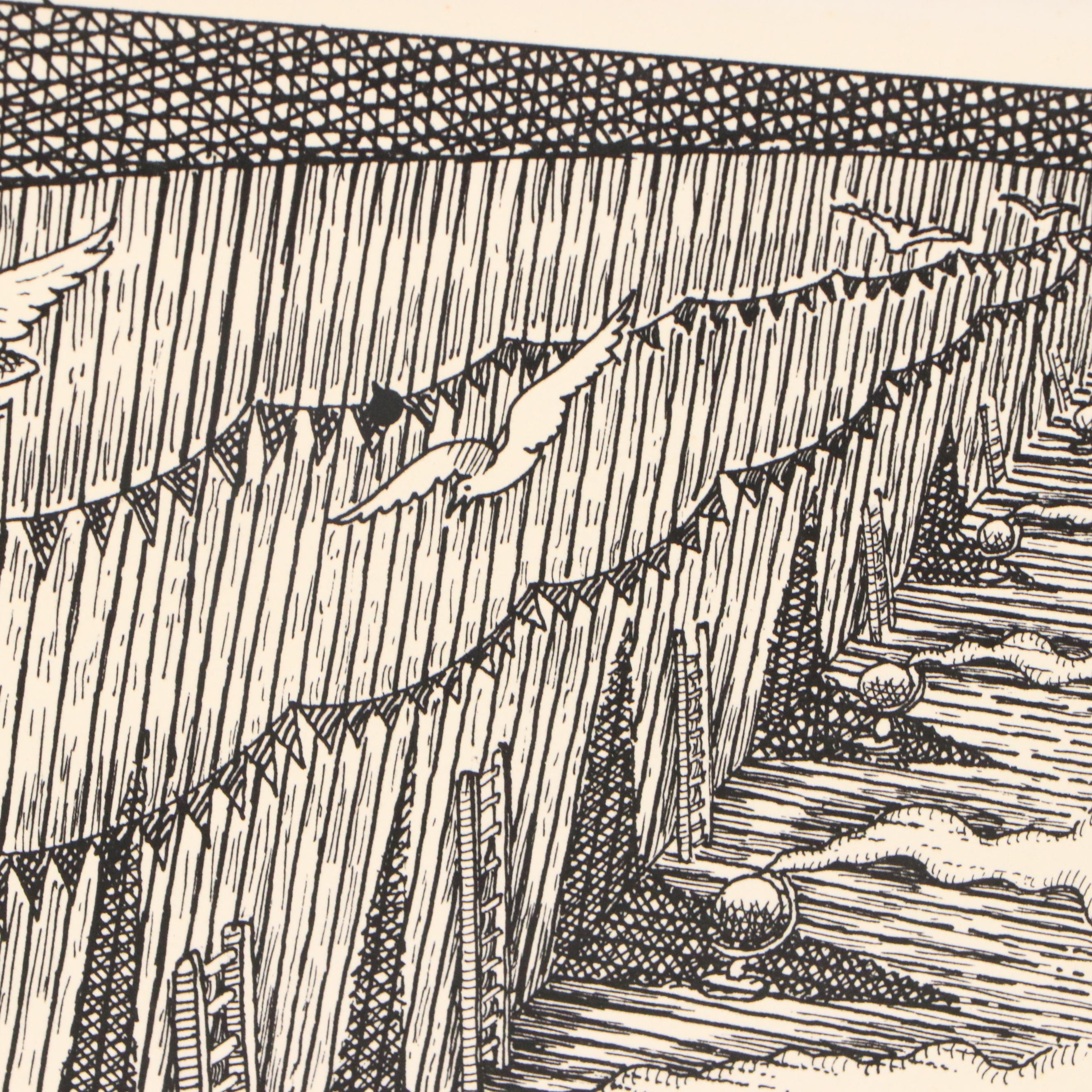 Autumn Rhodes Lithograph of Man with Kite in Surrealist Hallway, 1991