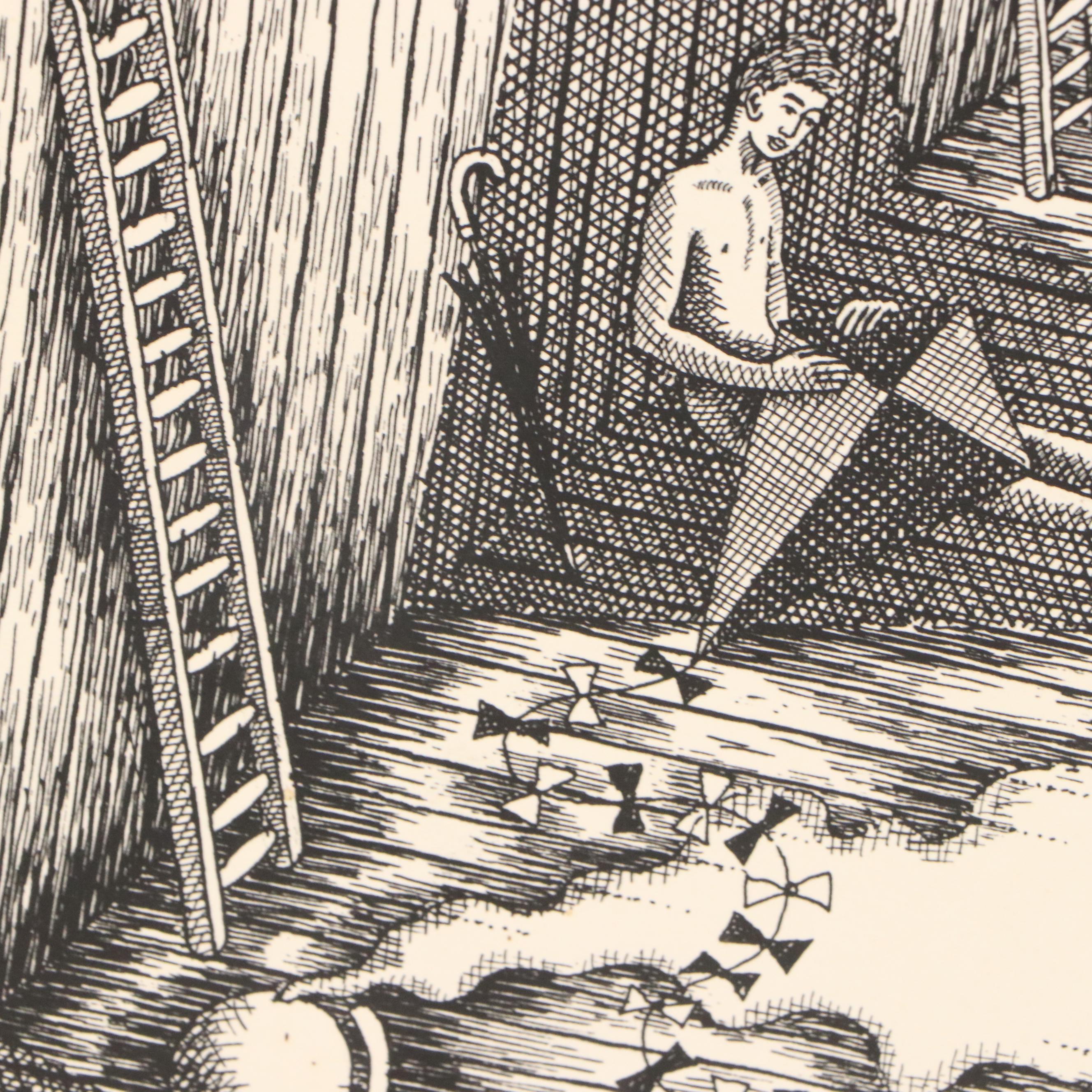 Autumn Rhodes Lithograph of Man with Kite in Surrealist Hallway, 1991