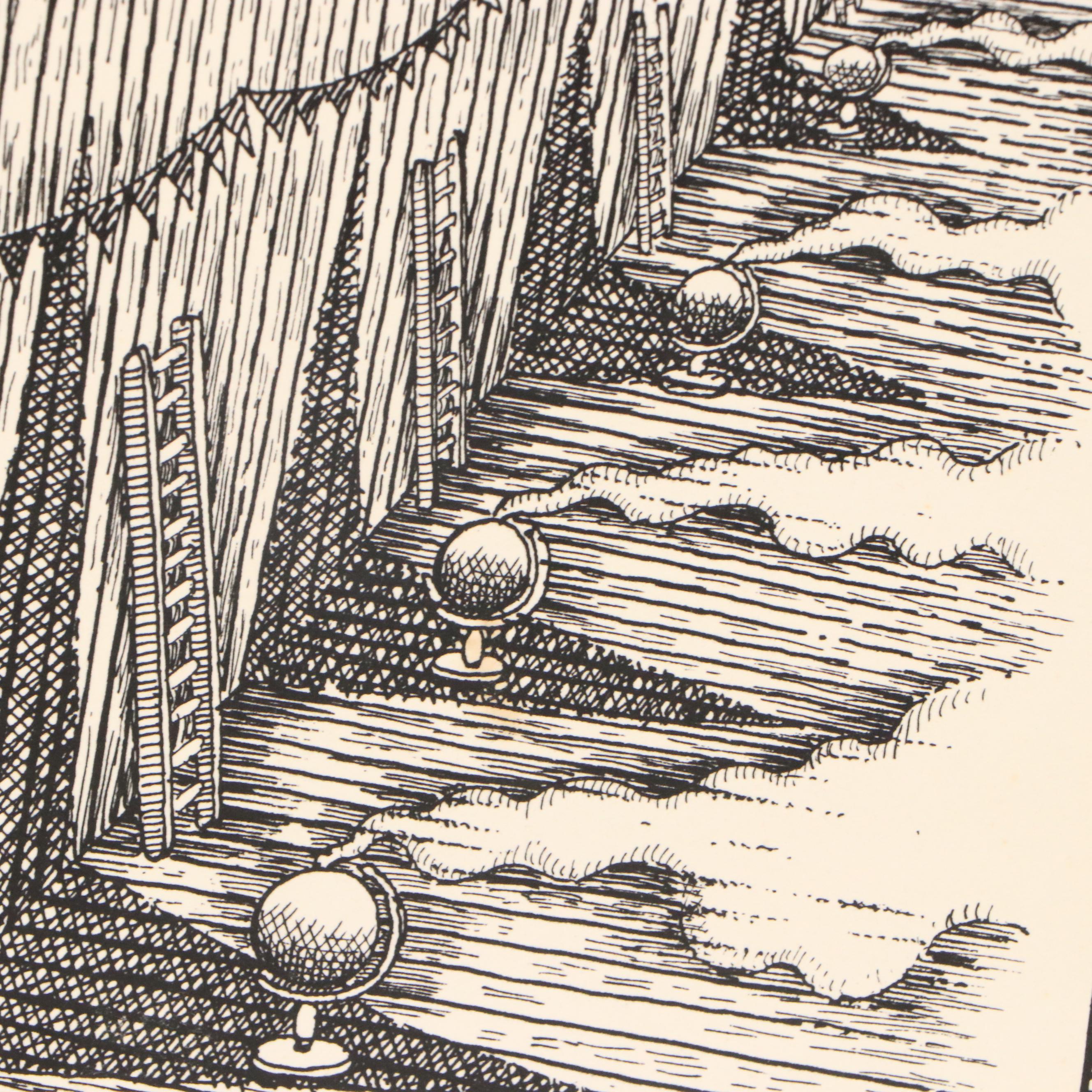 Autumn Rhodes Lithograph of Man with Kite in Surrealist Hallway, 1991