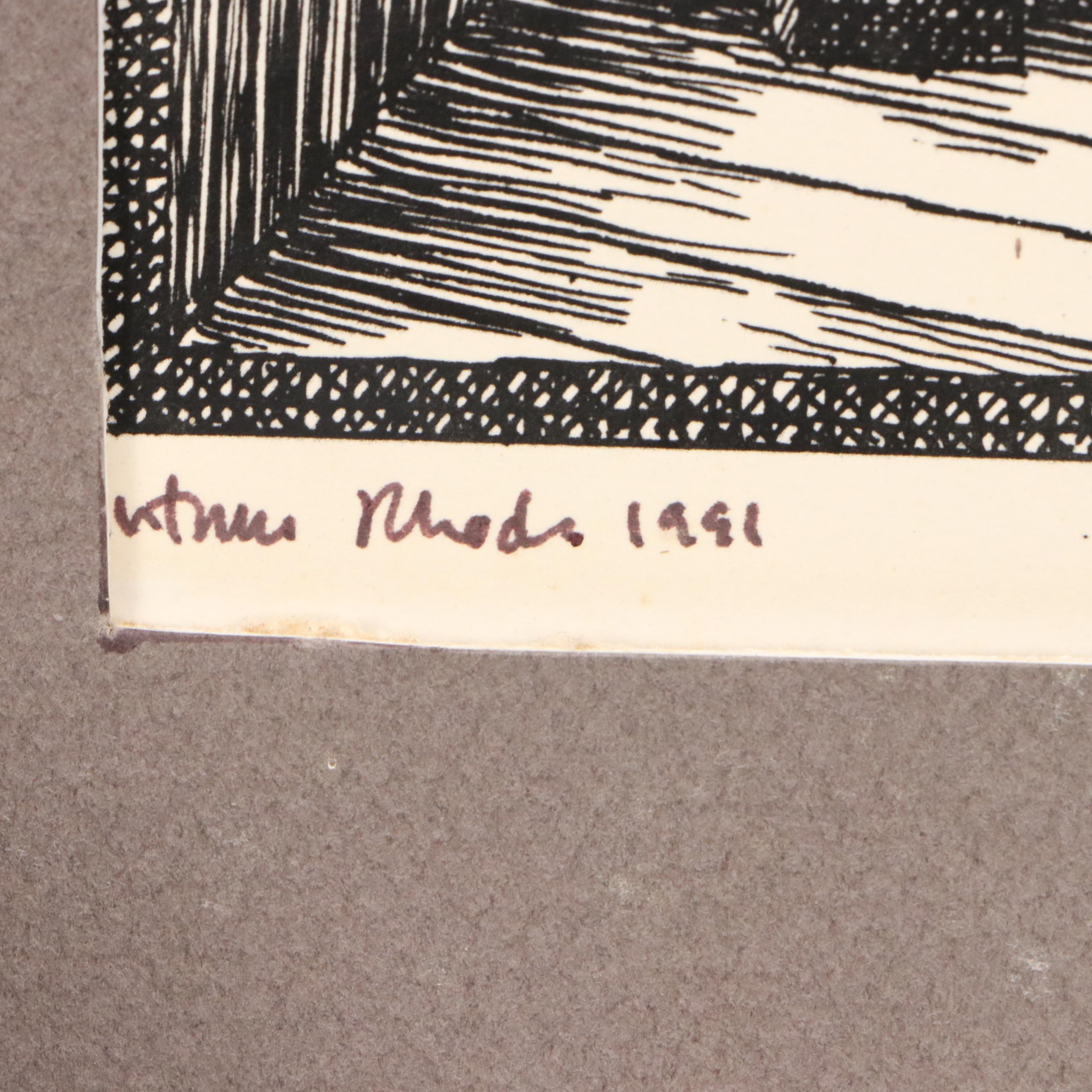 Autumn Rhodes Lithograph of Man with Kite in Surrealist Hallway, 1991