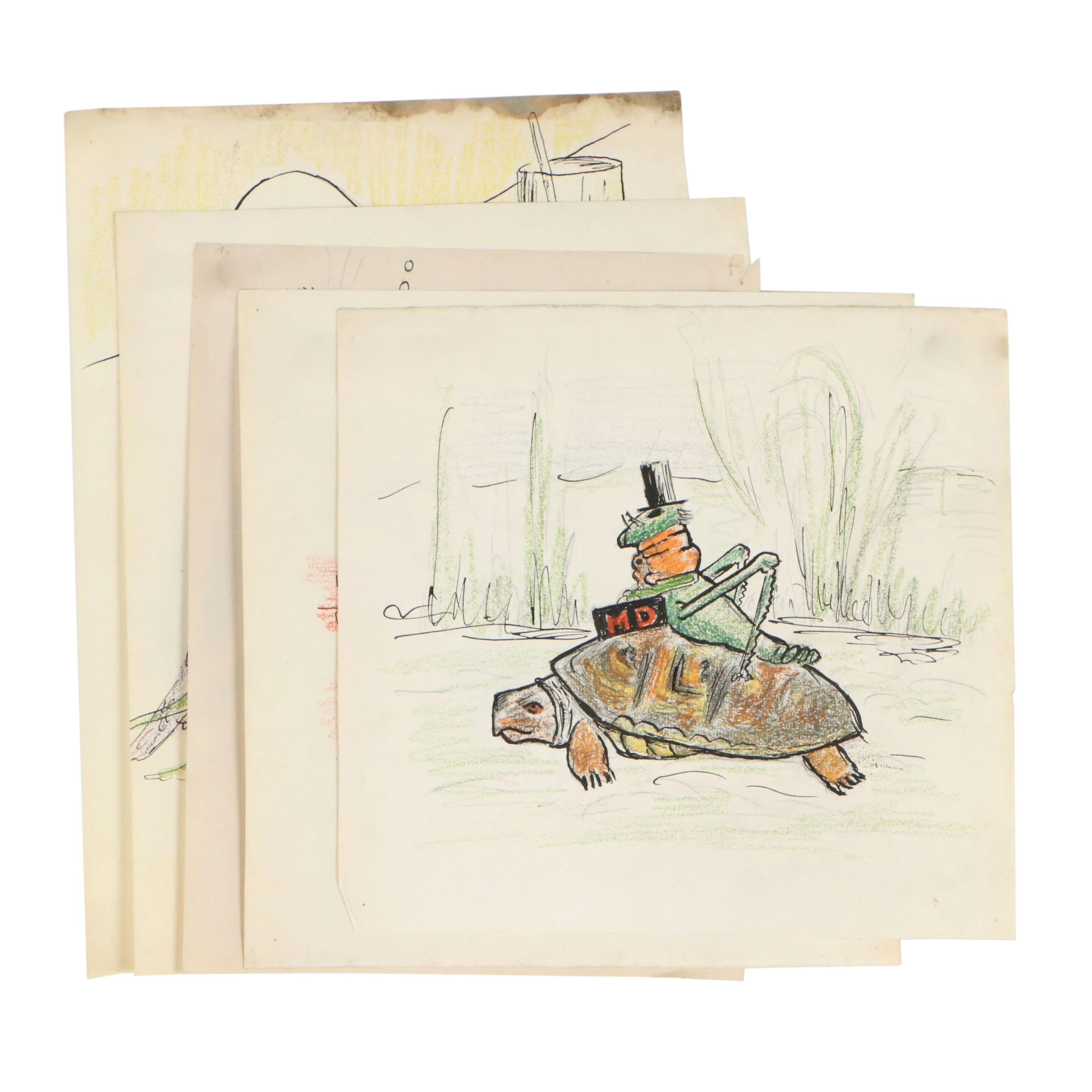 Collection of Mixed Media Drawings of Animal and Insect Characters, 20th Century