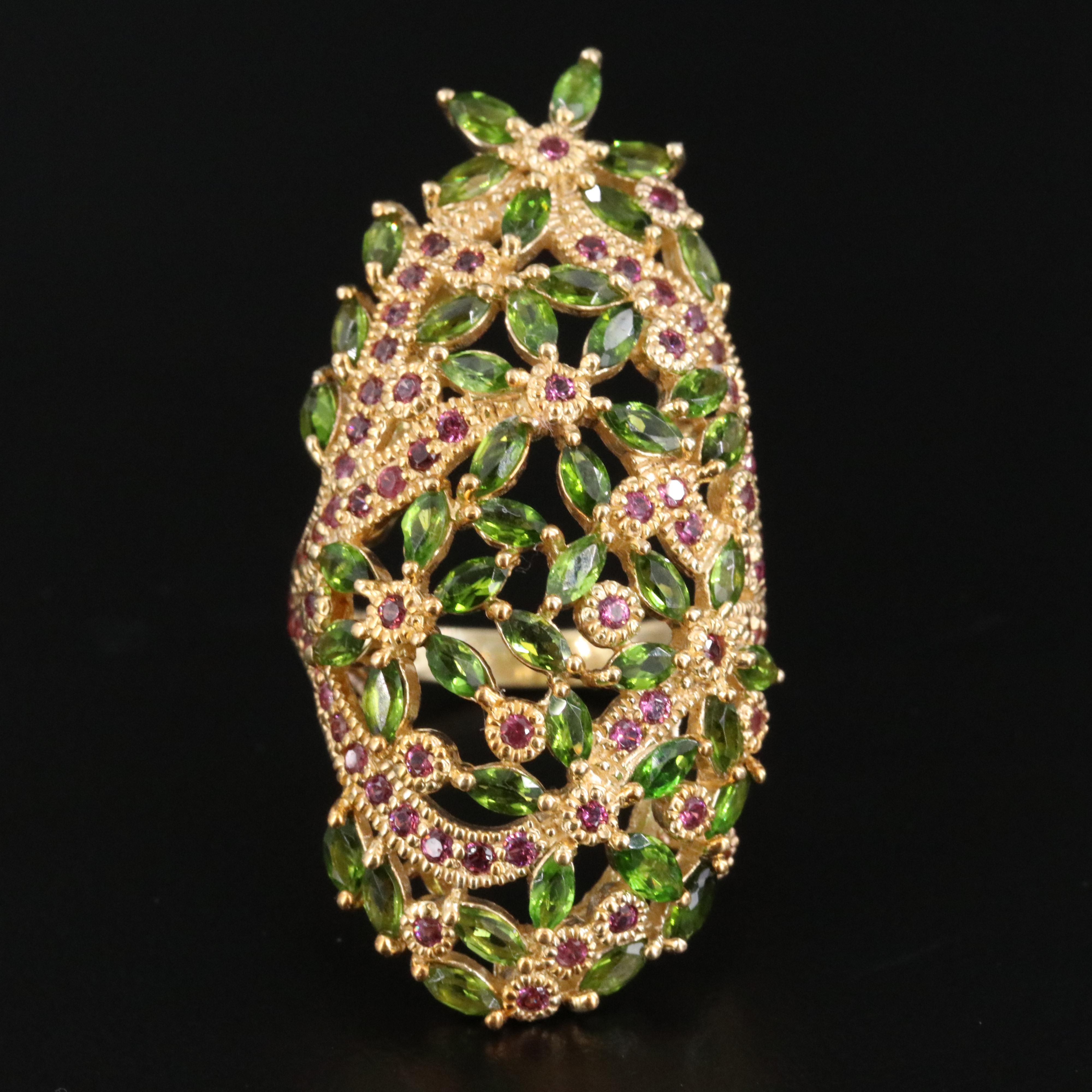 Sterling Diopside and Rhodolite Garnet Floral Ring
