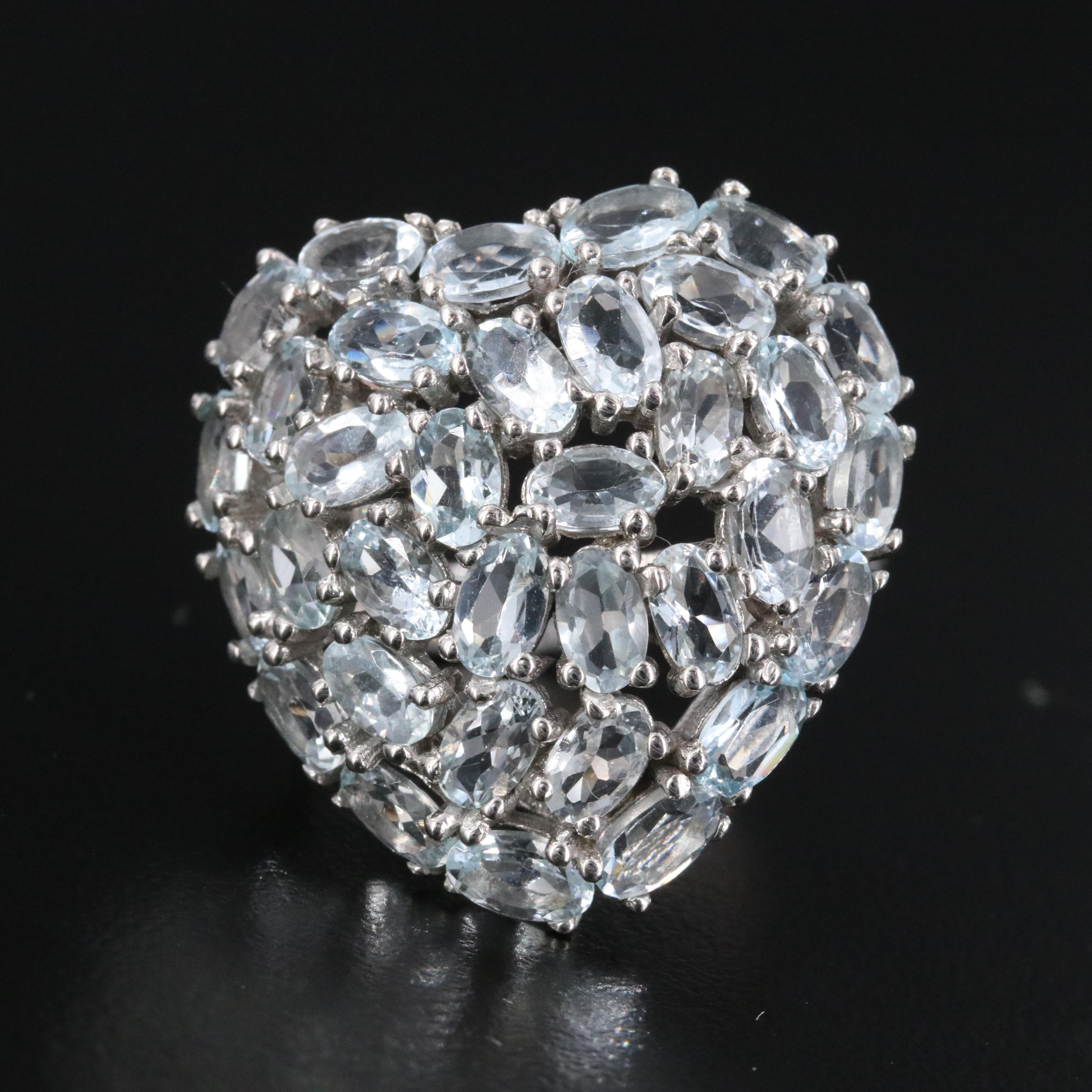 Sterling Aquamarine Heart Cluster Ring