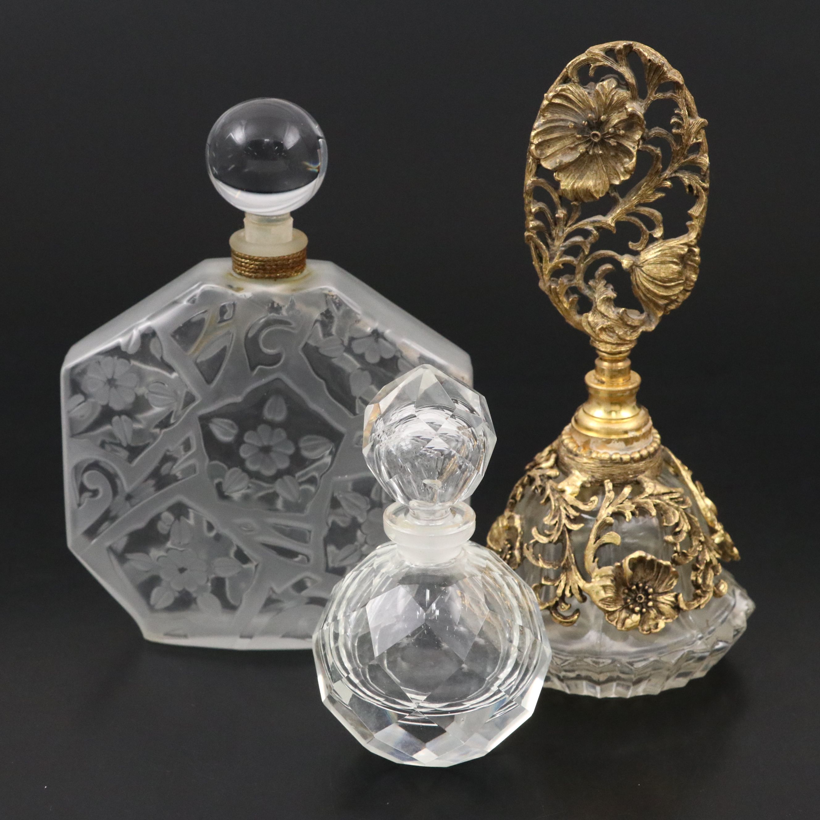 Matson Poppy Gilt Ormolu Perfume Bottle with Other Glass Perfume Bottles