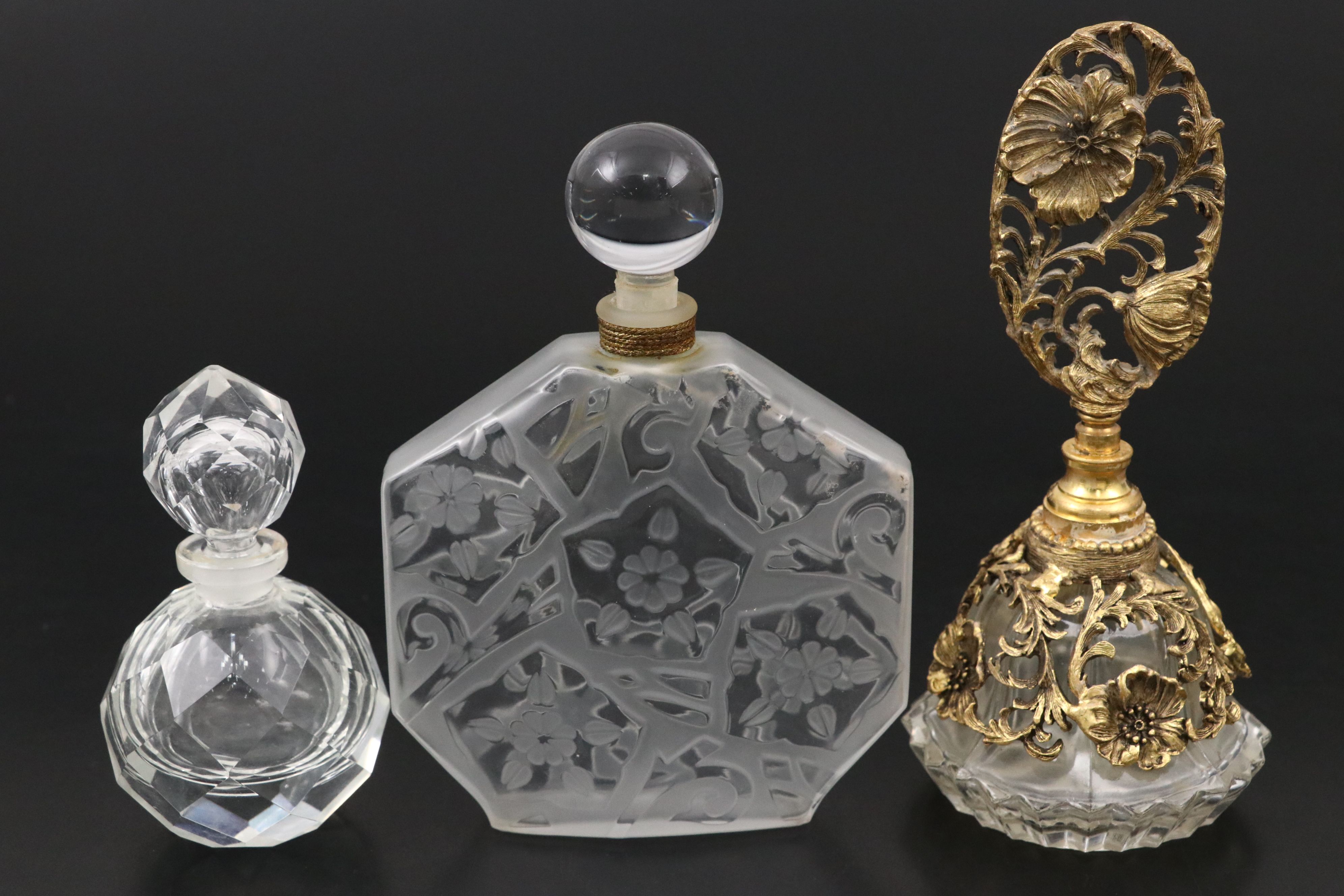 Matson Poppy Gilt Ormolu Perfume Bottle with Other Glass Perfume Bottles