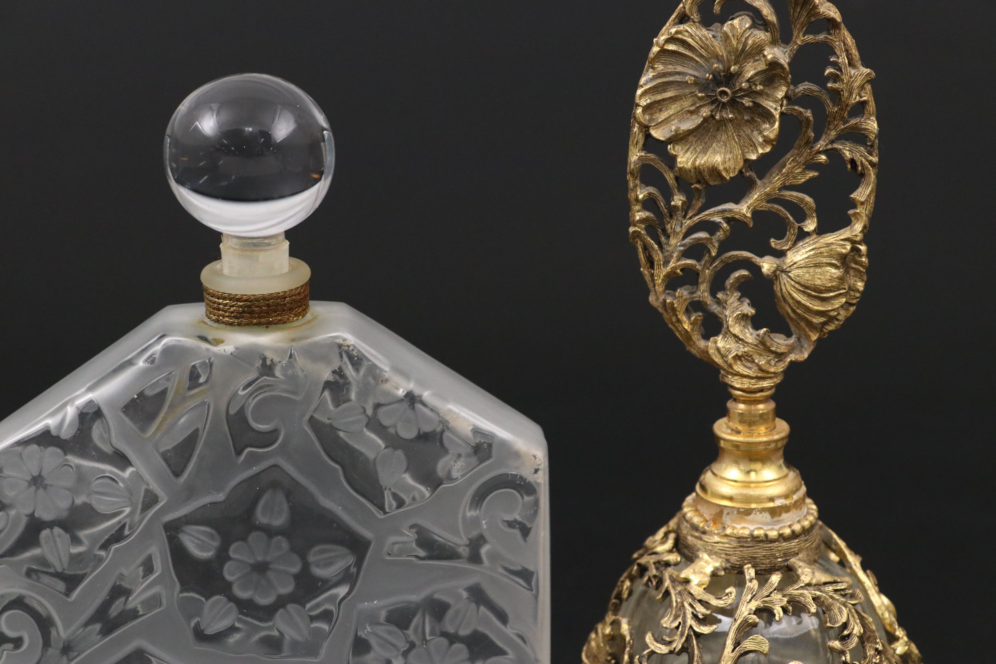Matson Poppy Gilt Ormolu Perfume Bottle with Other Glass Perfume Bottles
