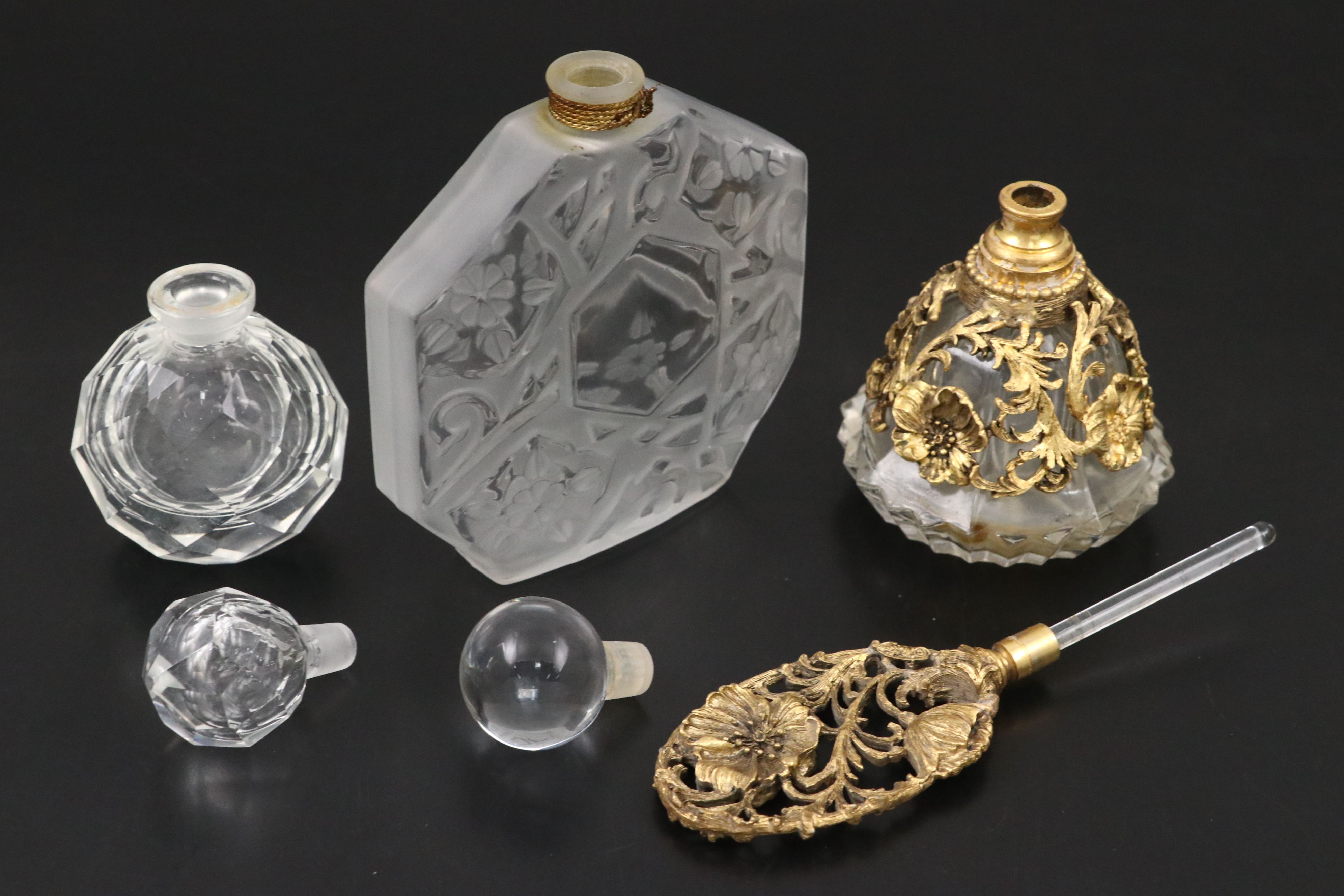 Matson Poppy Gilt Ormolu Perfume Bottle with Other Glass Perfume Bottles