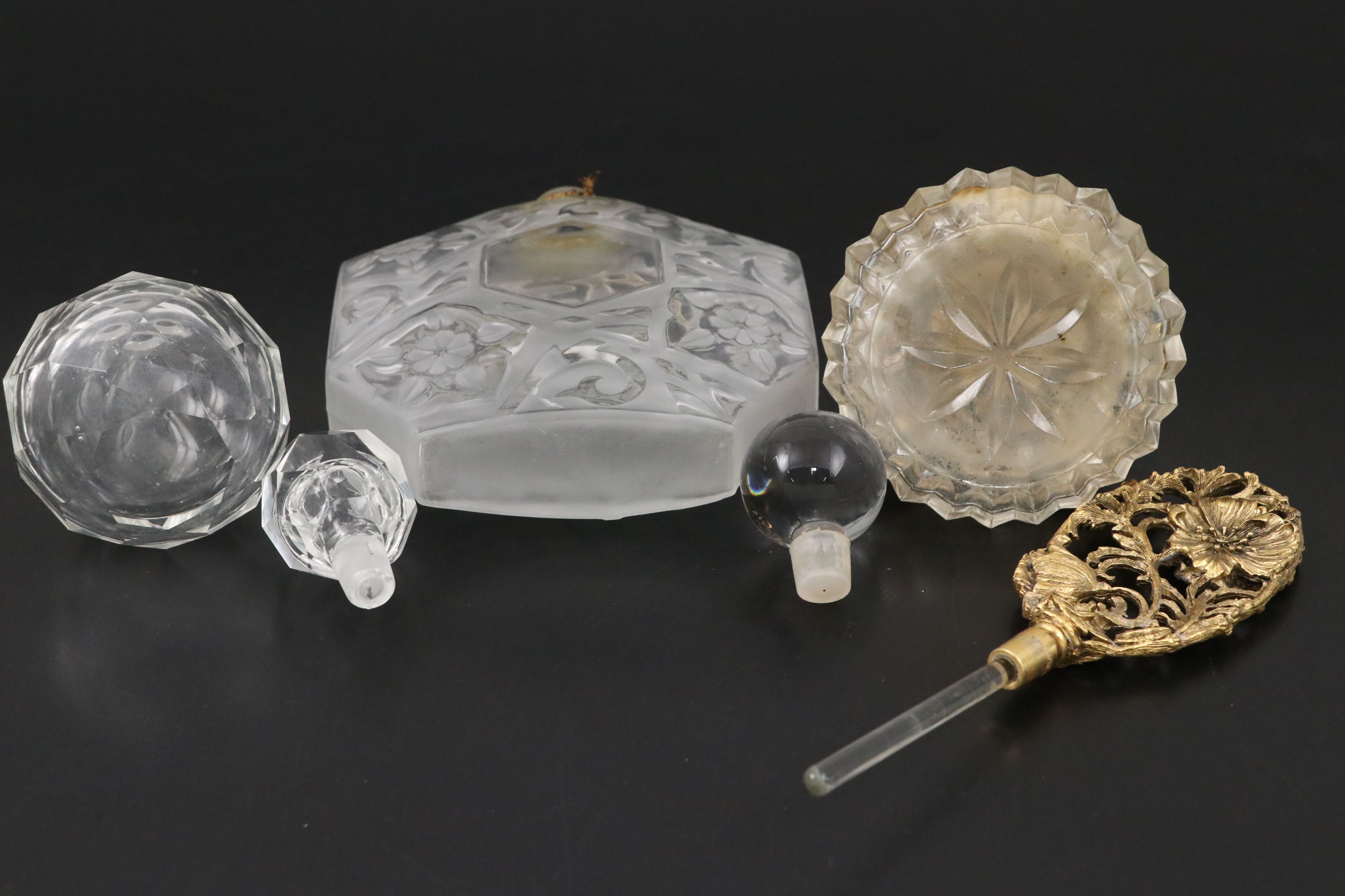 Matson Poppy Gilt Ormolu Perfume Bottle with Other Glass Perfume Bottles