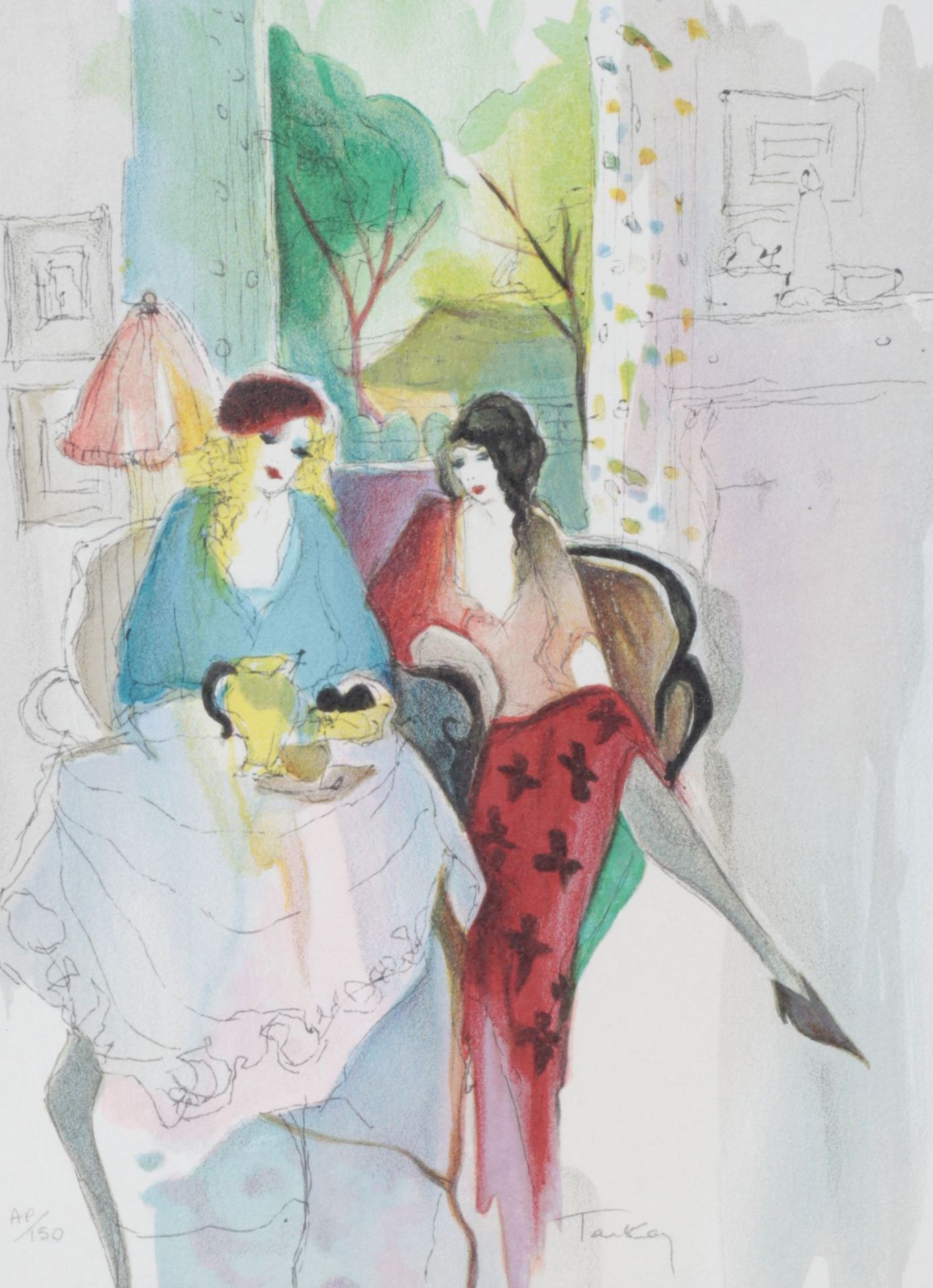 Itzchak Tarkay Impressionist Portrait Color Lithograph "Tea for Two"
