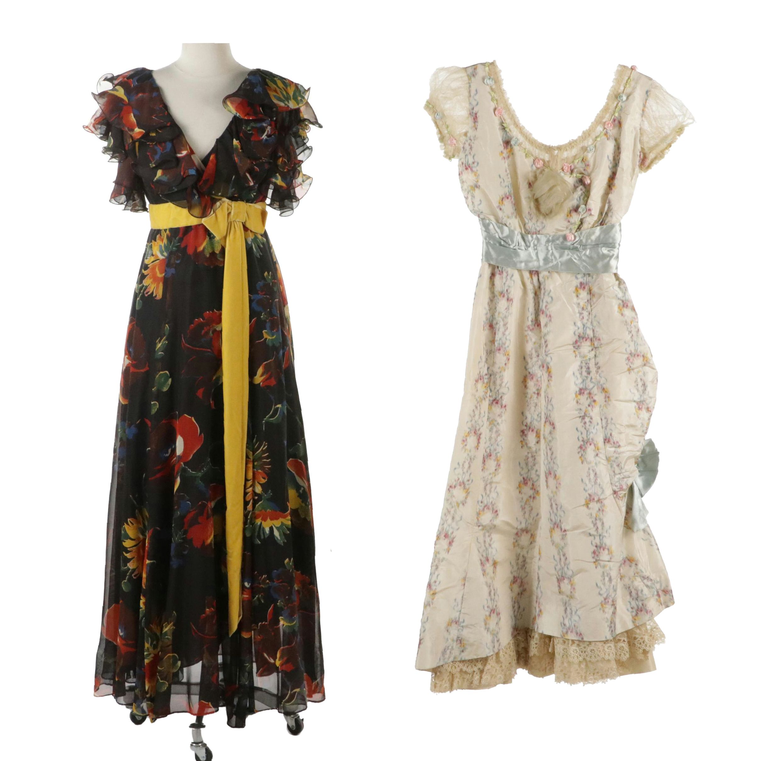 Silk and Lace/Tulle Tea-Length Dress, 1930s, with Ruffle Maxi Dress, 1970s
