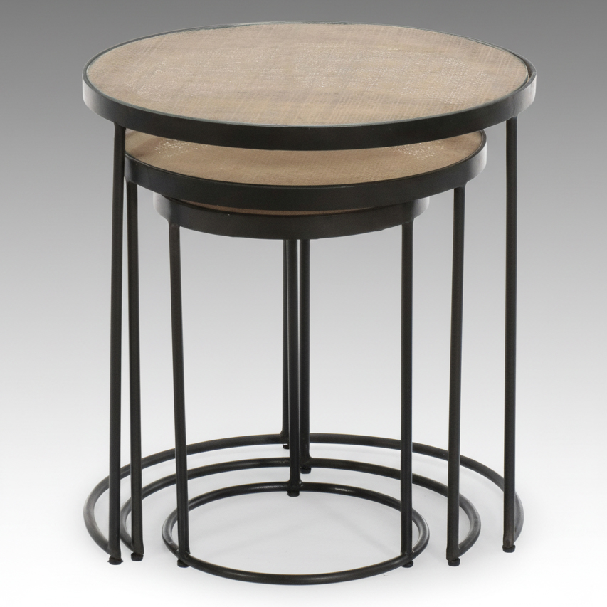 Contemporary Metal and Woven Cane Top Nesting Tables