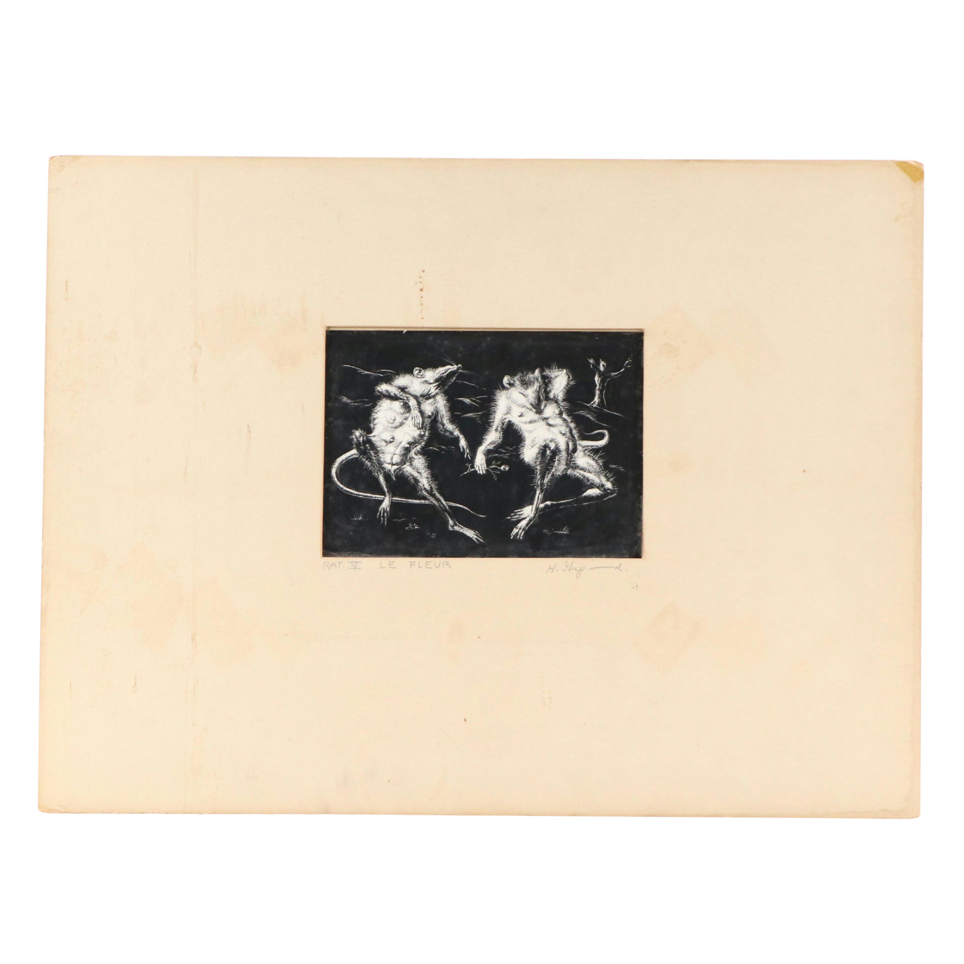 Harvey Shepard Sgraffito Drawing "Rat V - Le Fleur," Mid-20th C.