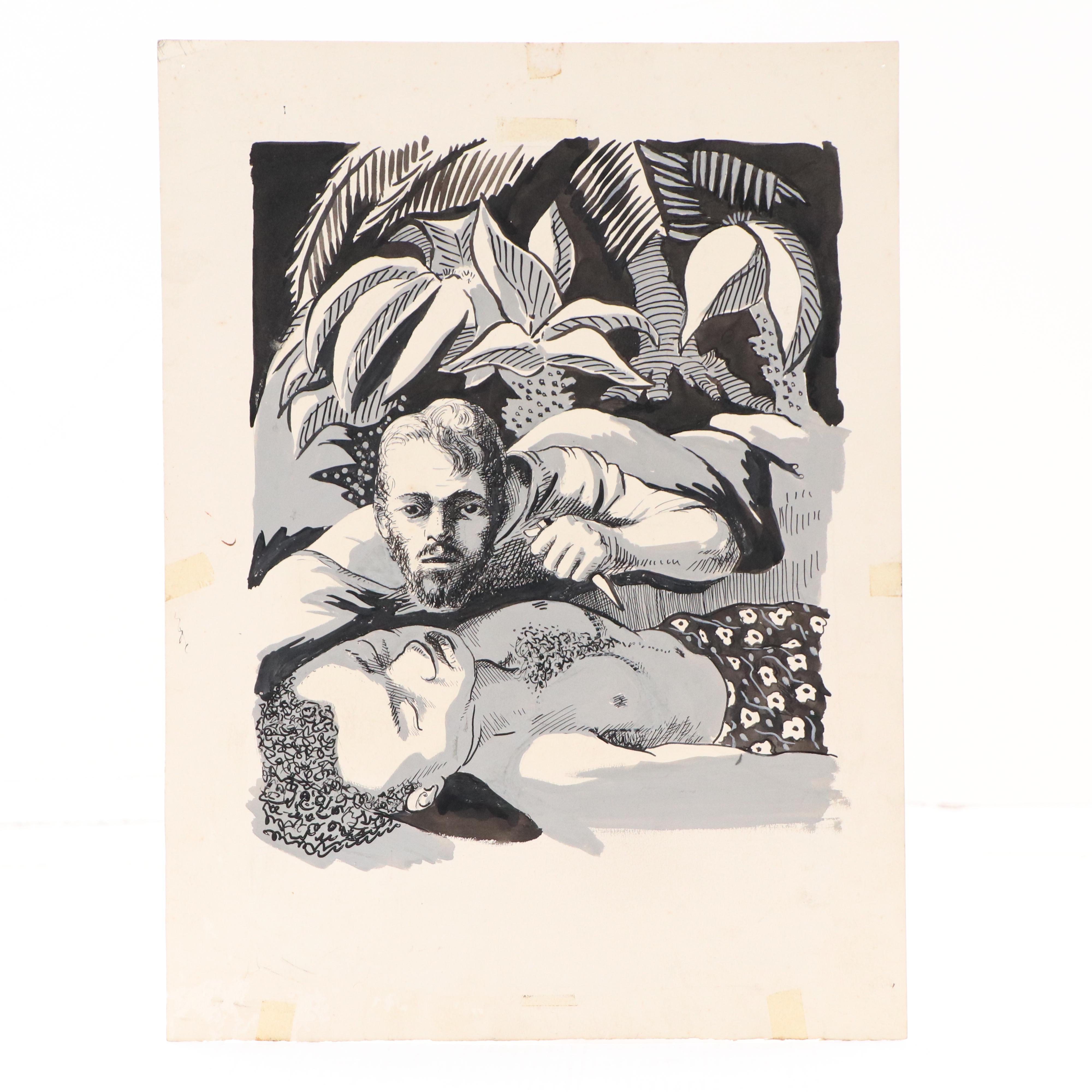 Harvey Shepard Figural Gouache Painting and Scratchboard Drawing, Mid-20th C.