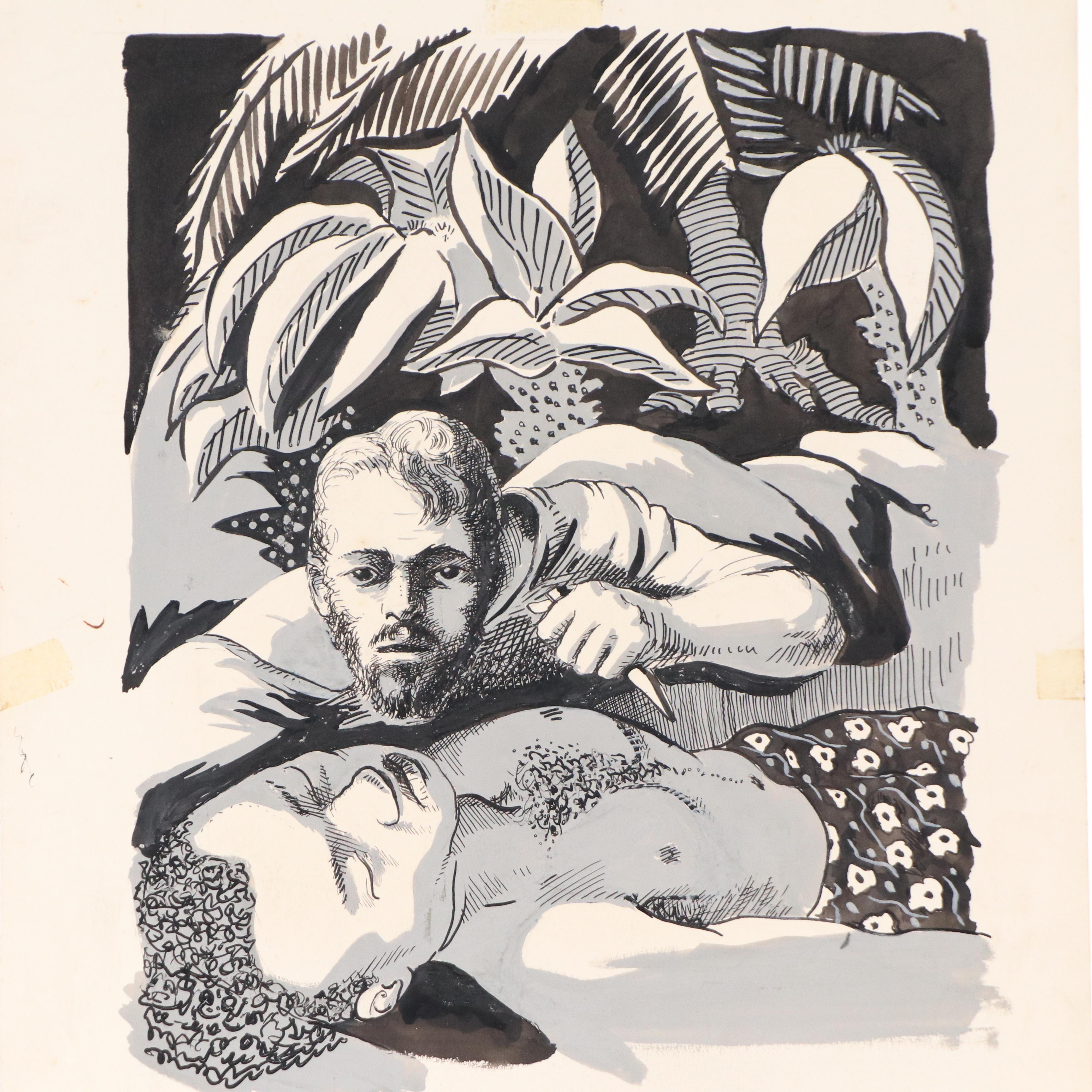 Harvey Shepard Figural Gouache Painting and Scratchboard Drawing, Mid-20th C.