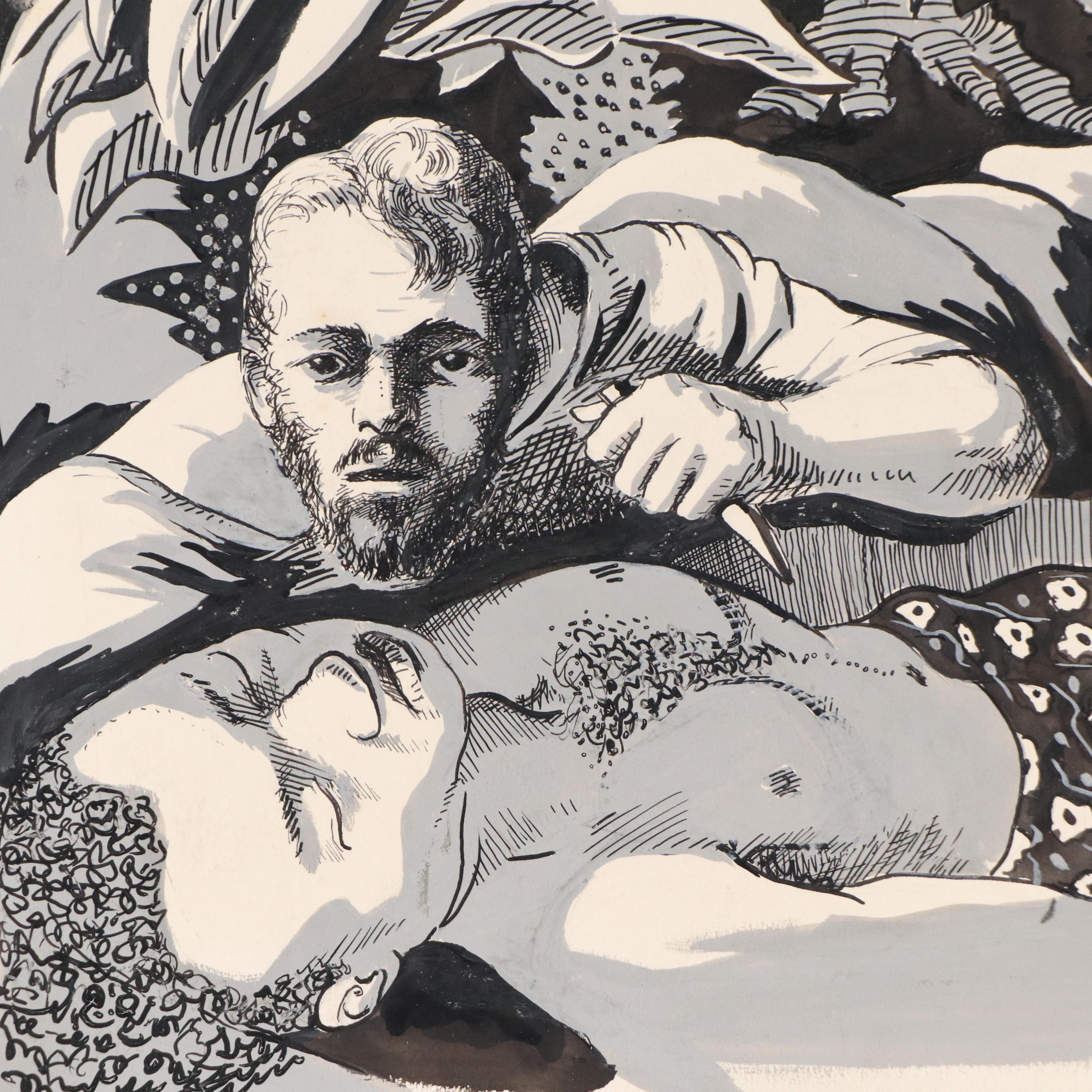 Harvey Shepard Figural Gouache Painting and Scratchboard Drawing, Mid-20th C.