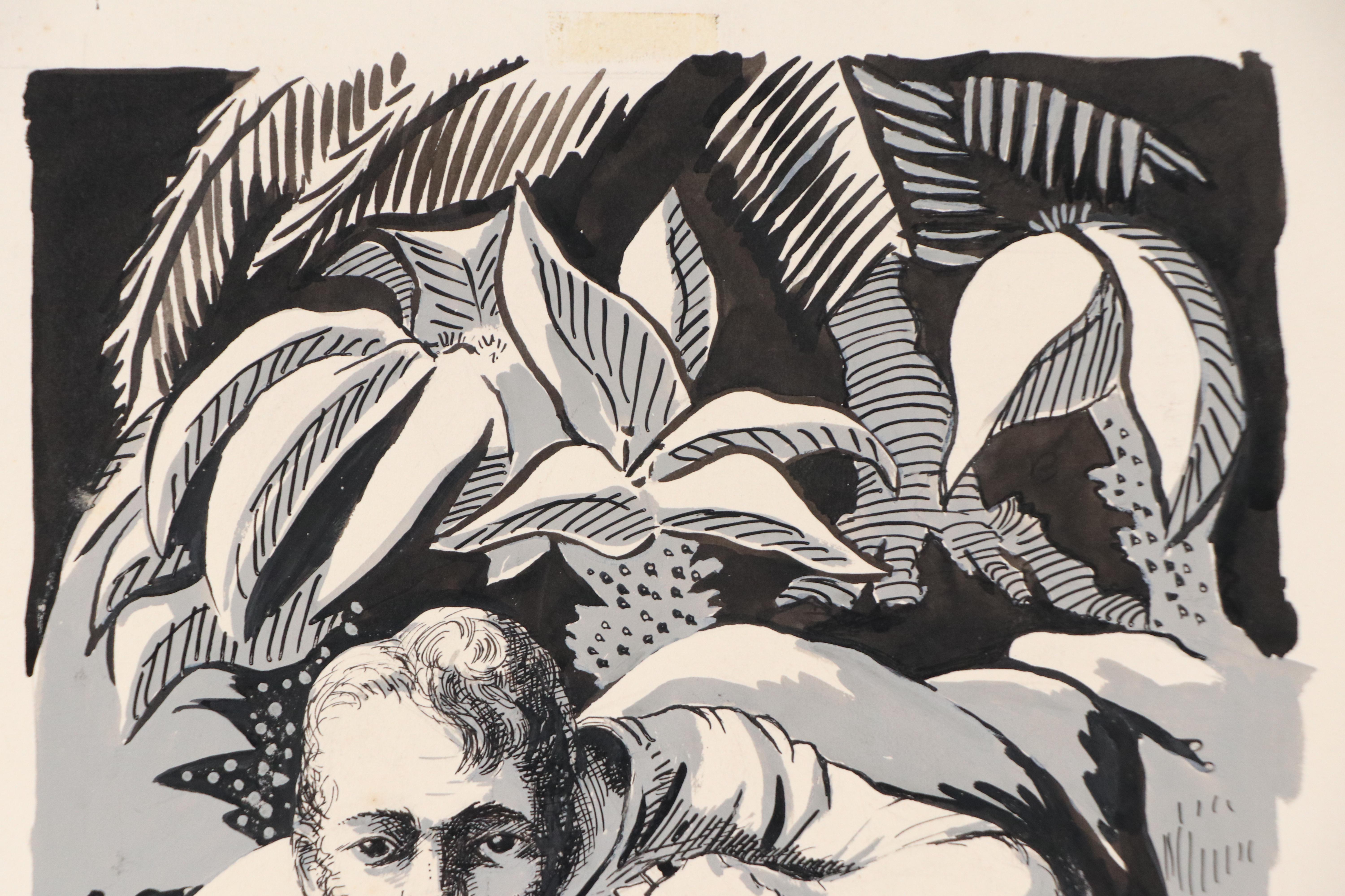 Harvey Shepard Figural Gouache Painting and Scratchboard Drawing, Mid-20th C.