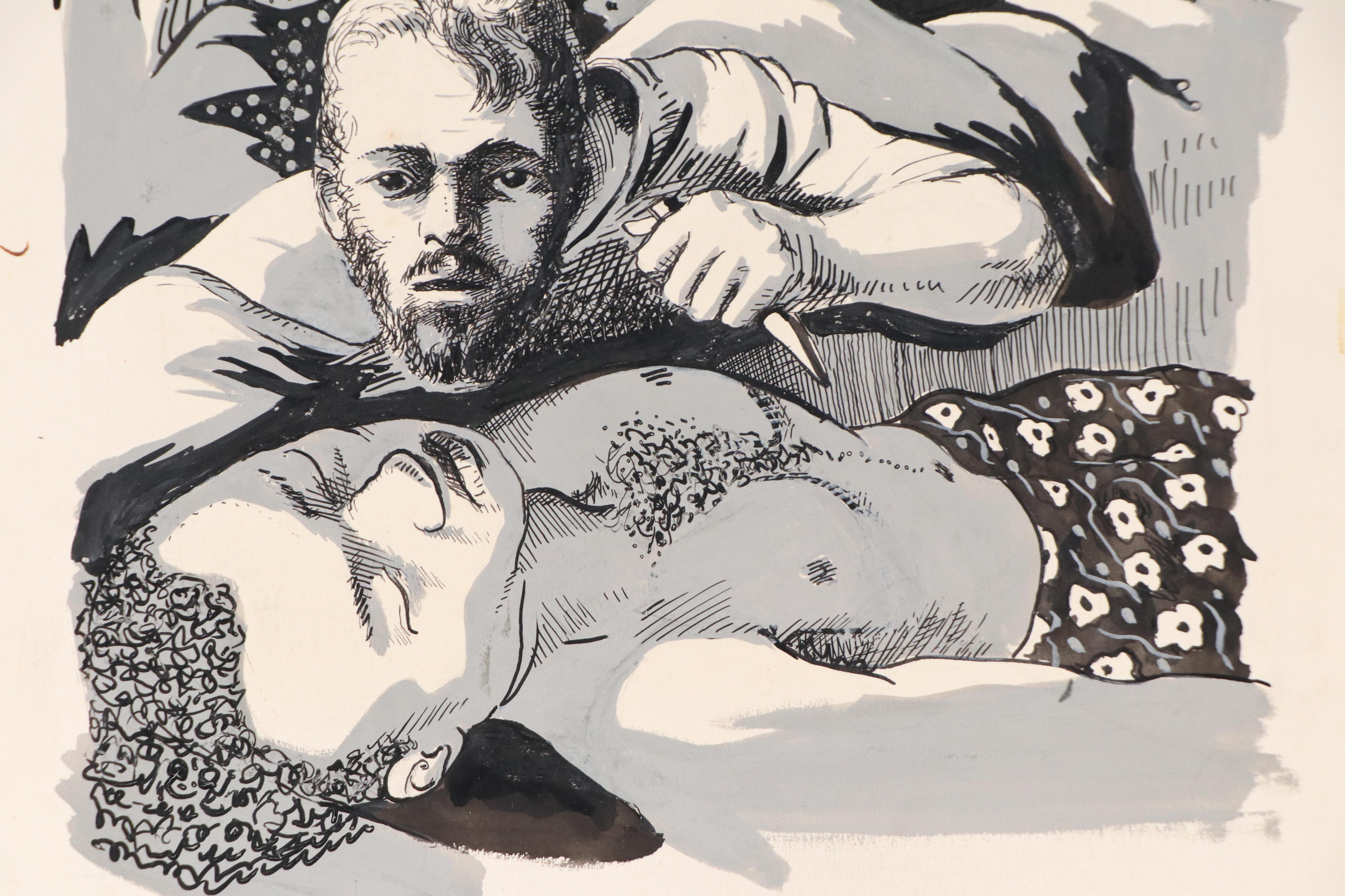 Harvey Shepard Figural Gouache Painting and Scratchboard Drawing, Mid-20th C.