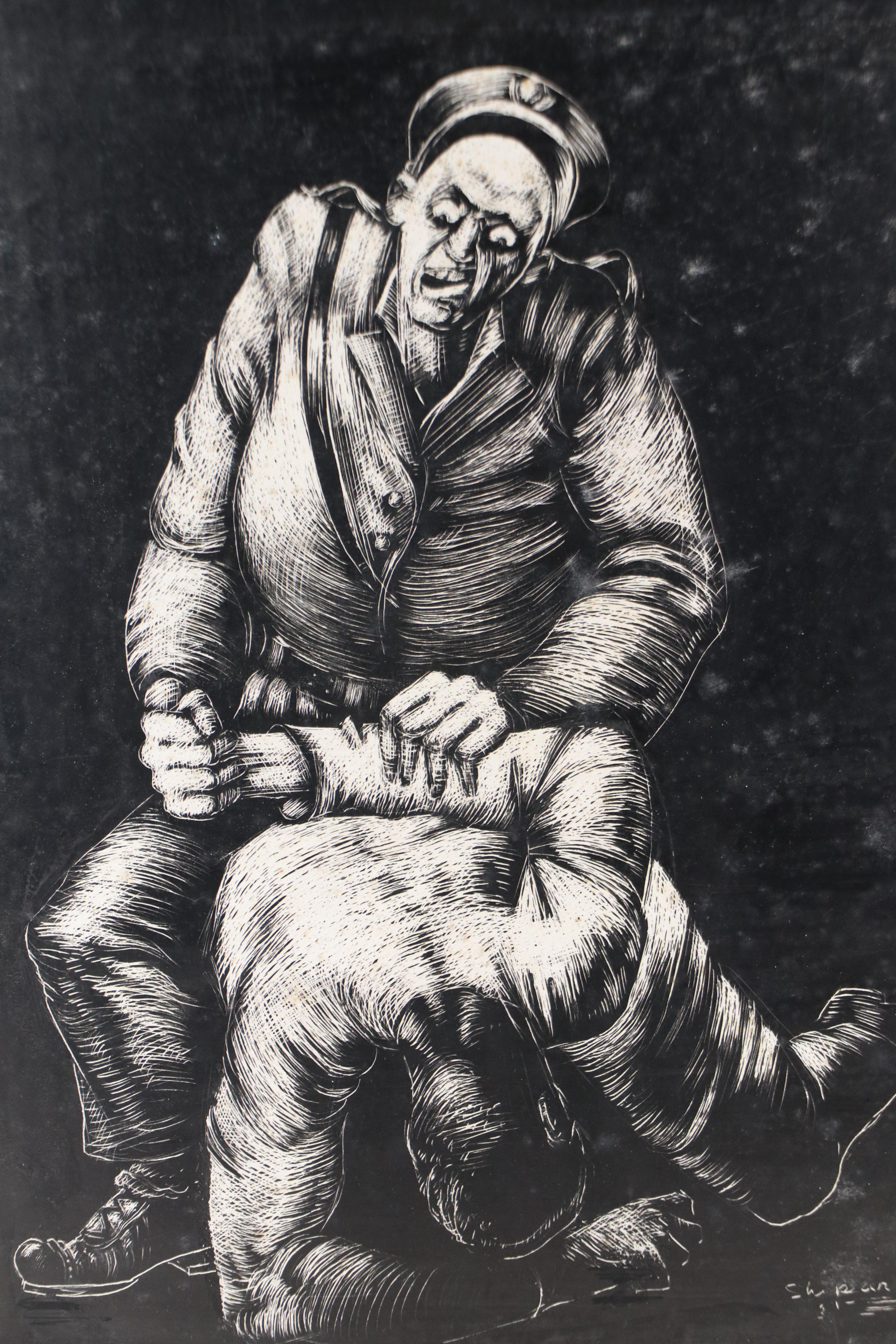 Harvey Shepard Figural Gouache Painting and Scratchboard Drawing, Mid-20th C.