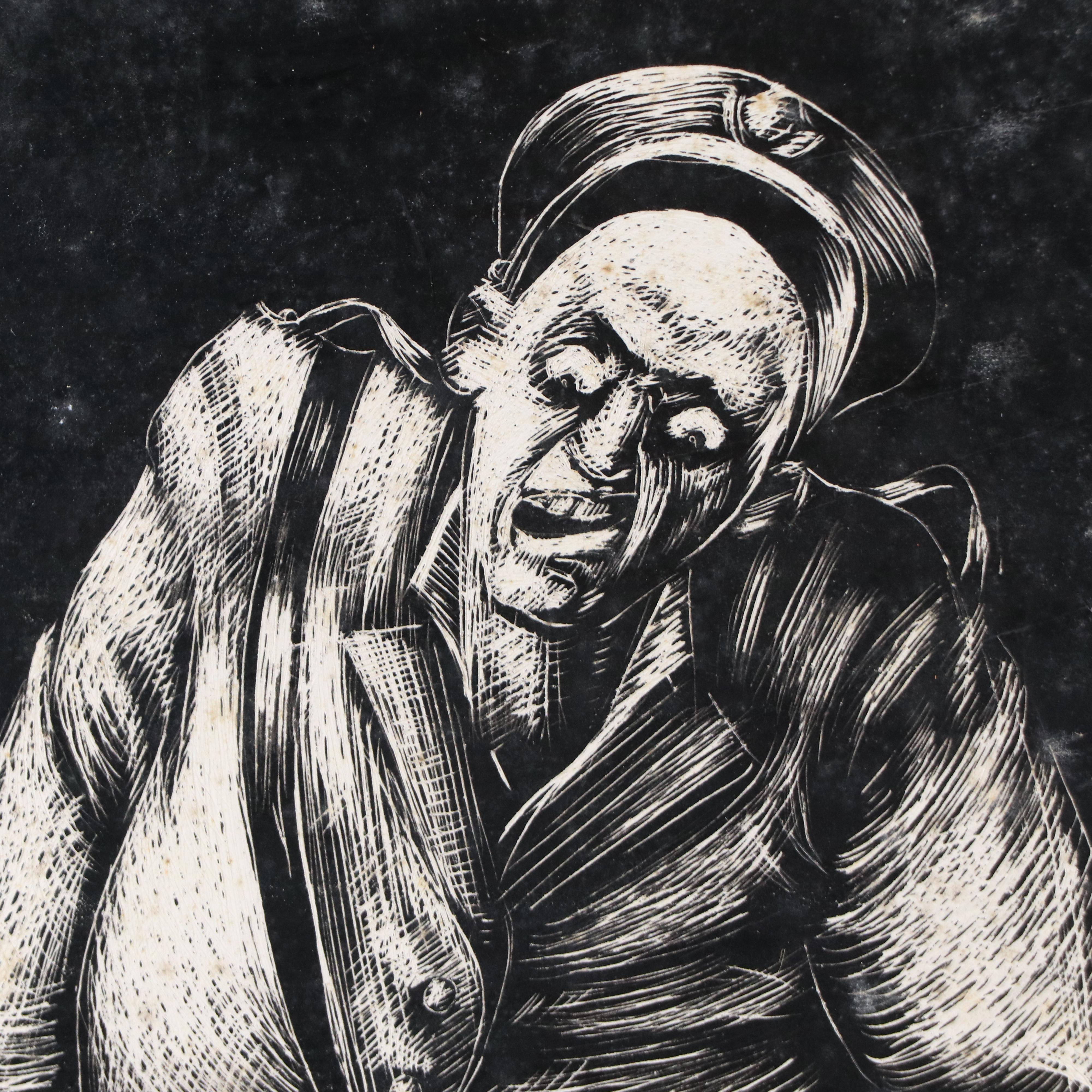 Harvey Shepard Figural Gouache Painting and Scratchboard Drawing, Mid-20th C.
