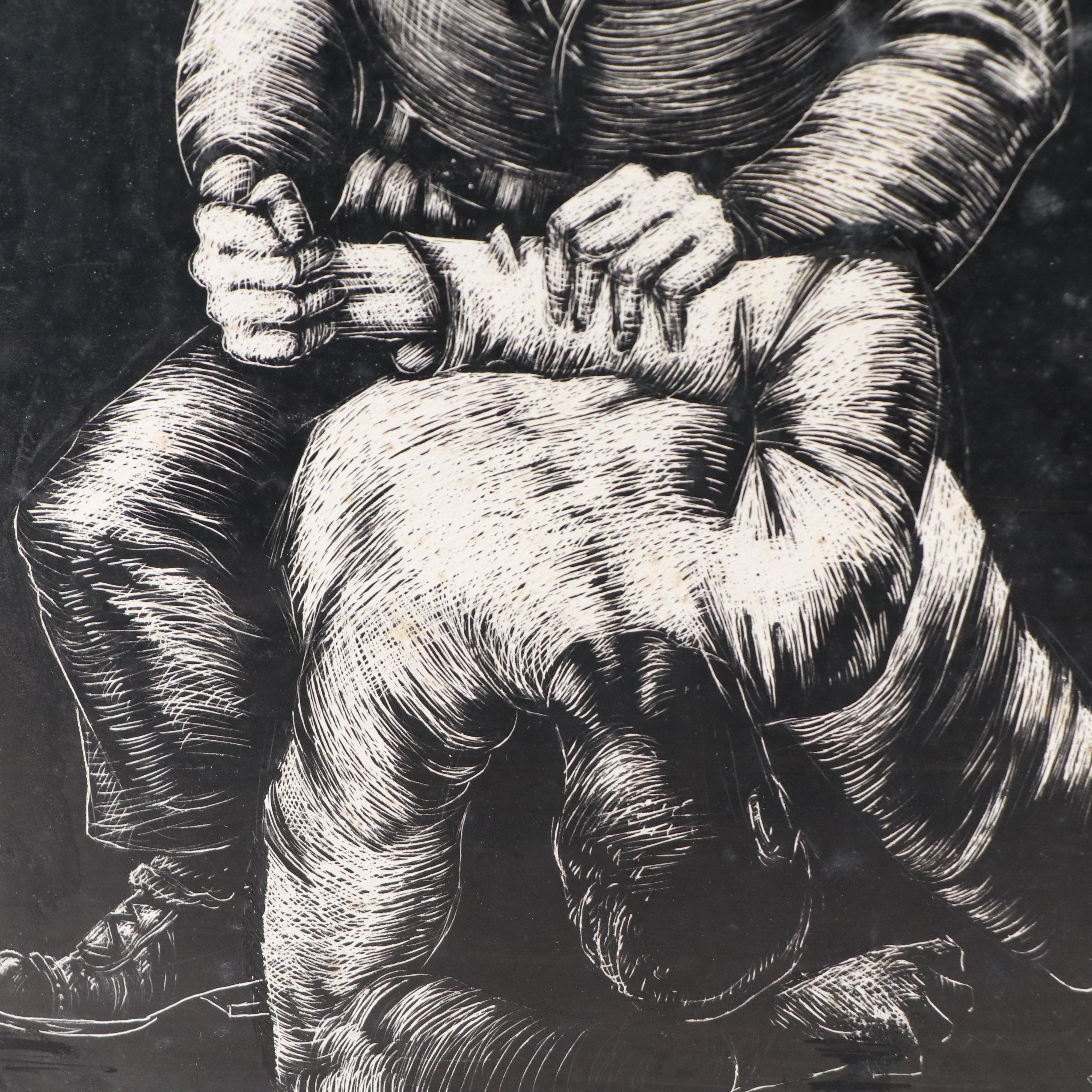 Harvey Shepard Figural Gouache Painting and Scratchboard Drawing, Mid-20th C.