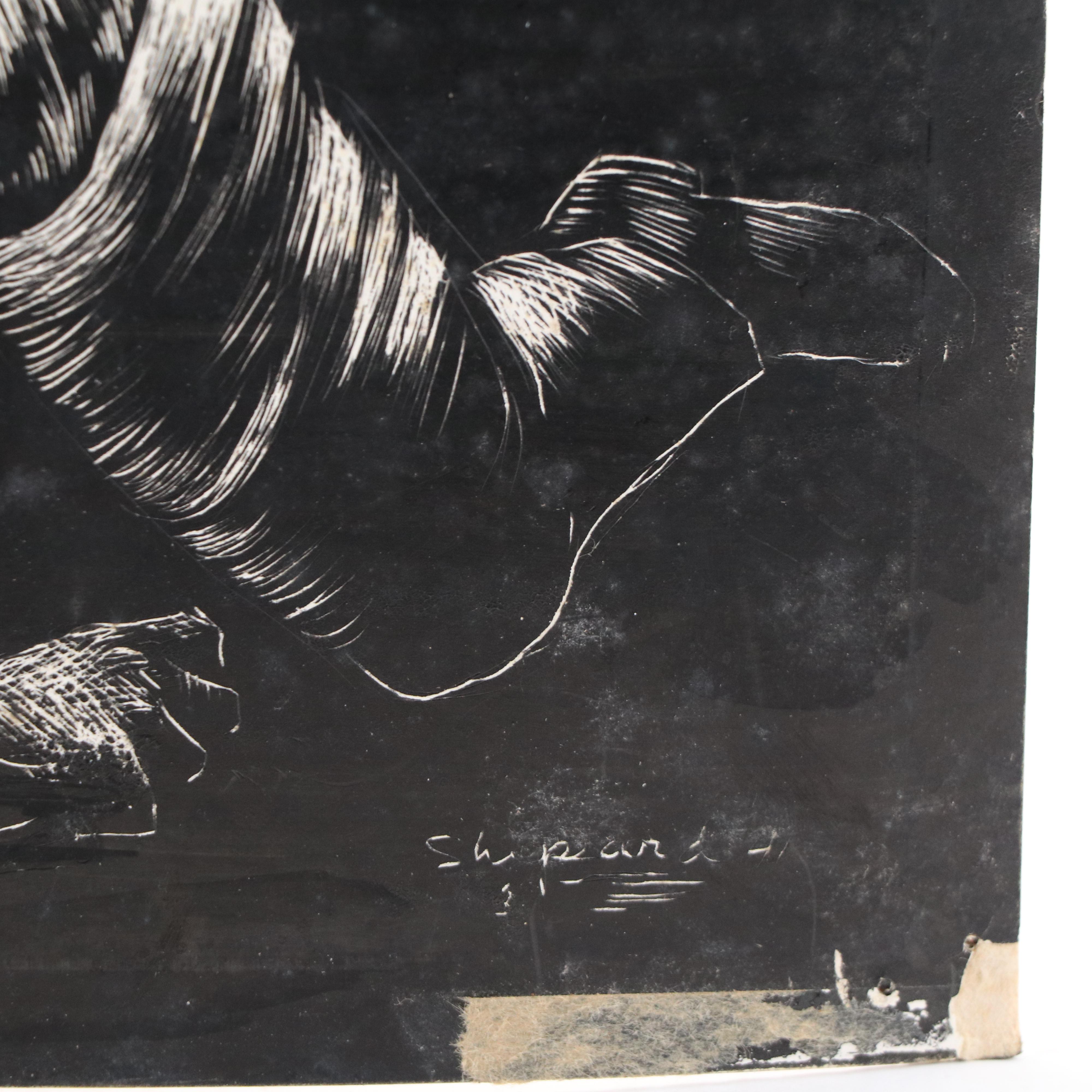 Harvey Shepard Figural Gouache Painting and Scratchboard Drawing, Mid-20th C.