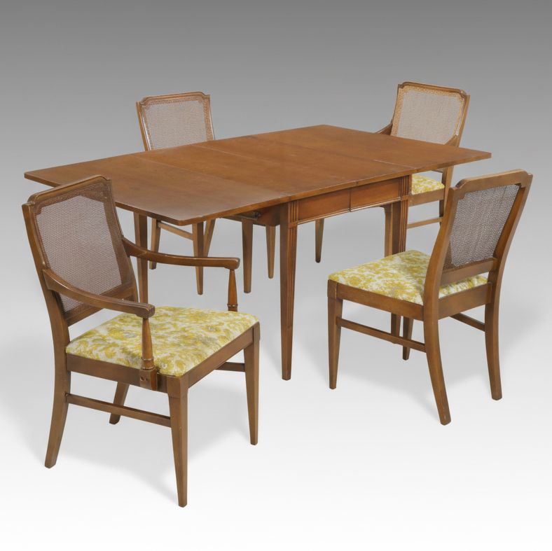 National Furniture Cherry Drop Leaf Dining Table with Four Cane Back Chairs