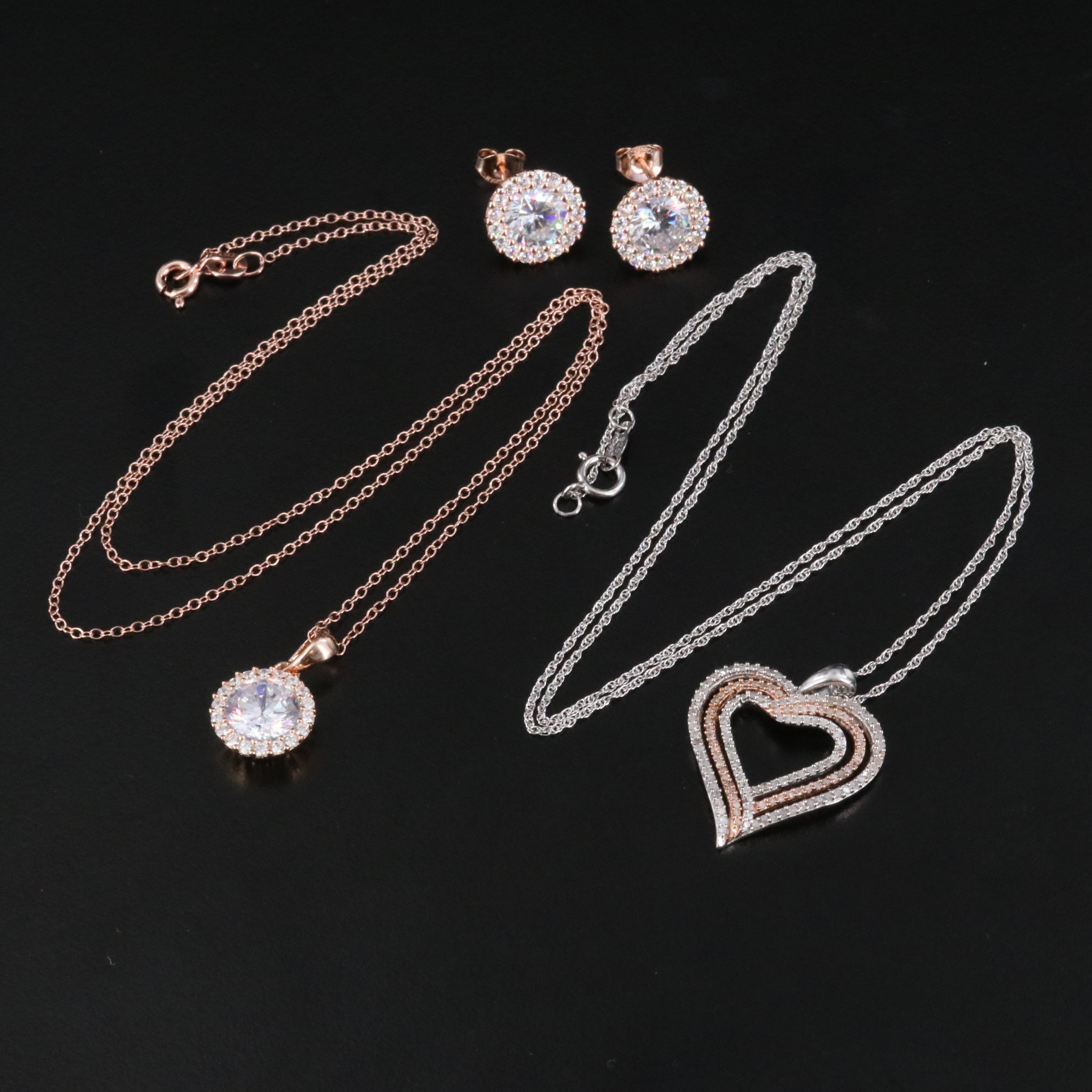 Sterling Two-Tone CZ and Diamond Necklaces and Earrings