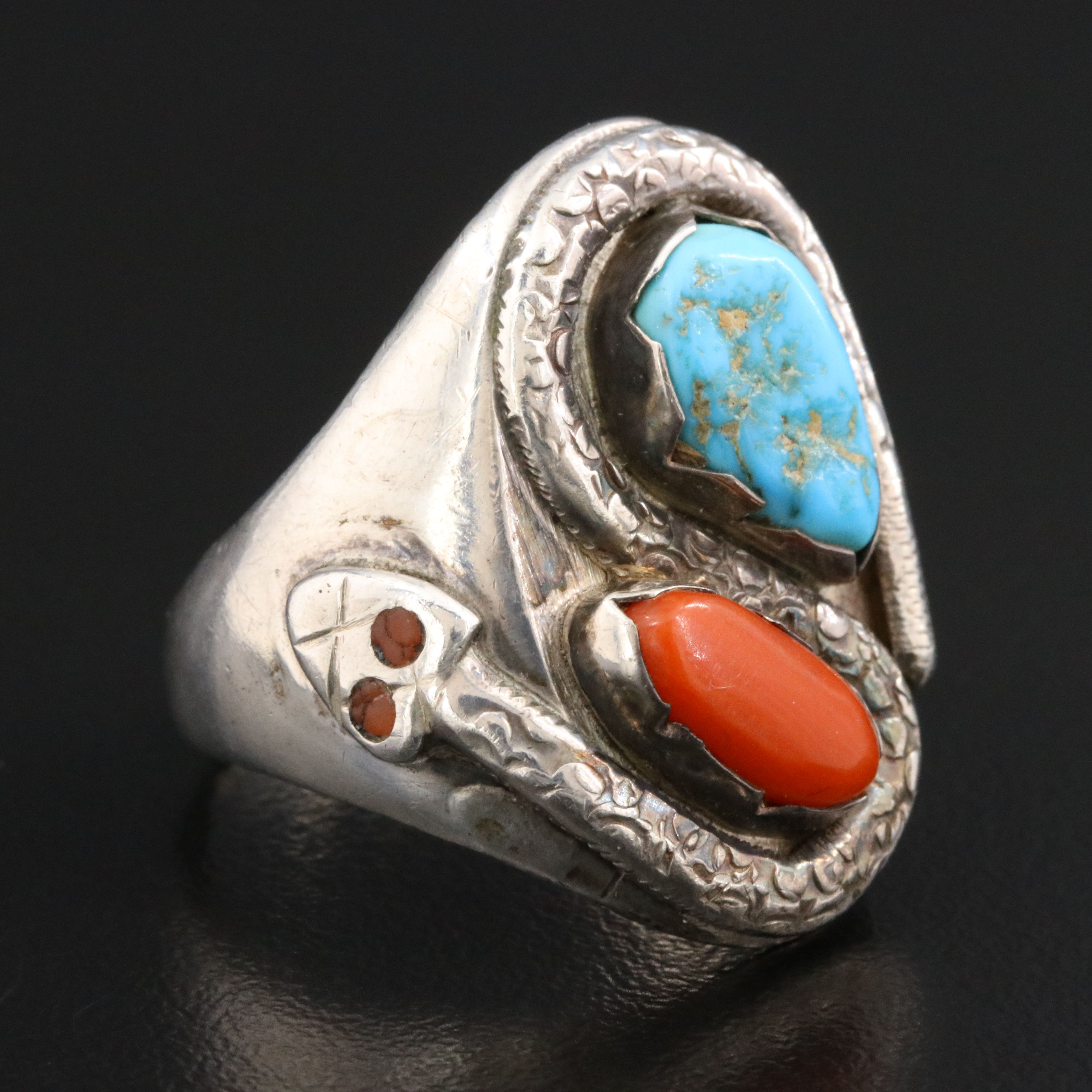 Southwestern Sterling Turquoise and Coral Snake Ring