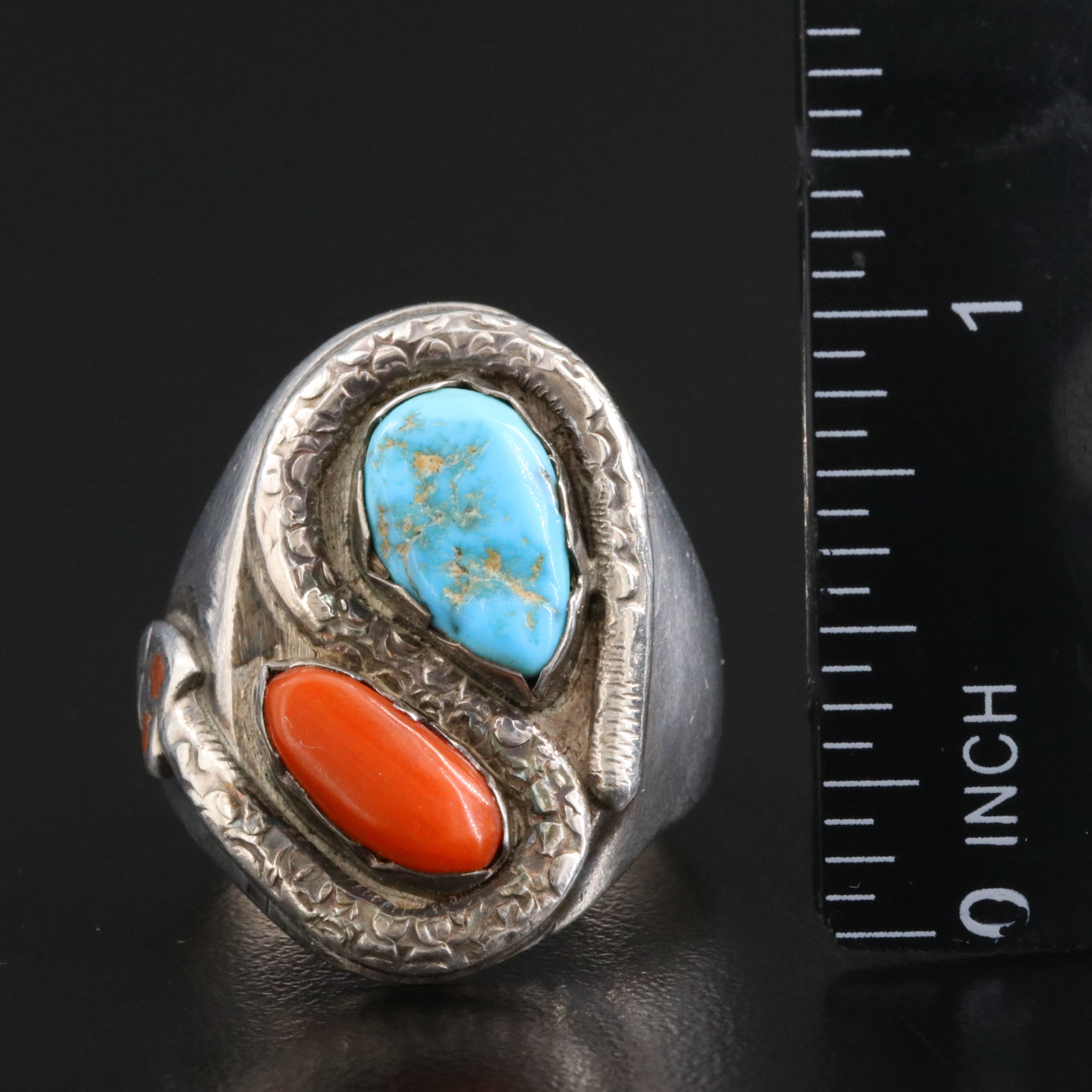 Southwestern Sterling Turquoise and Coral Snake Ring