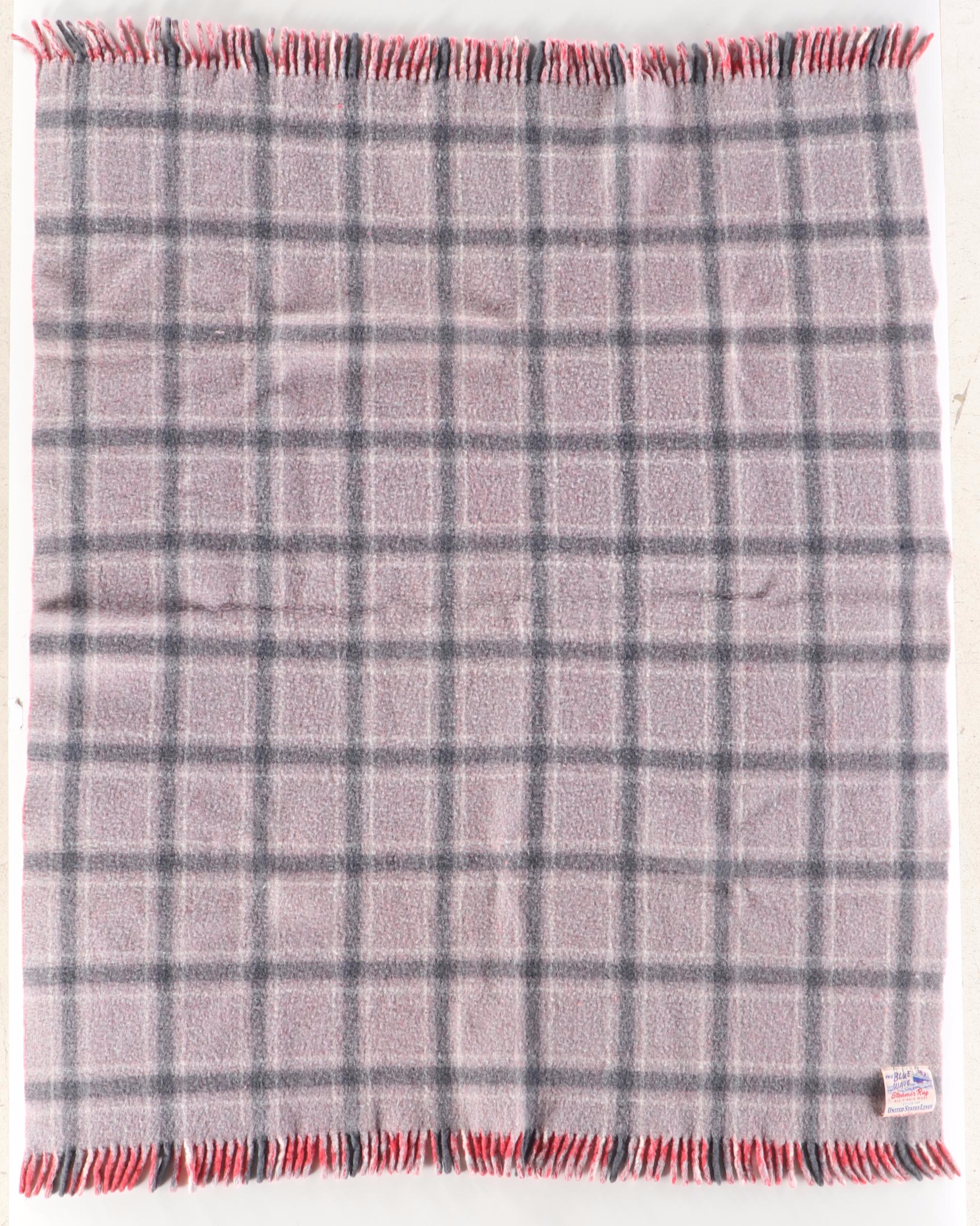 United States Lines Plaid Wool Blanket with Bag and Smokestack Wastebasket