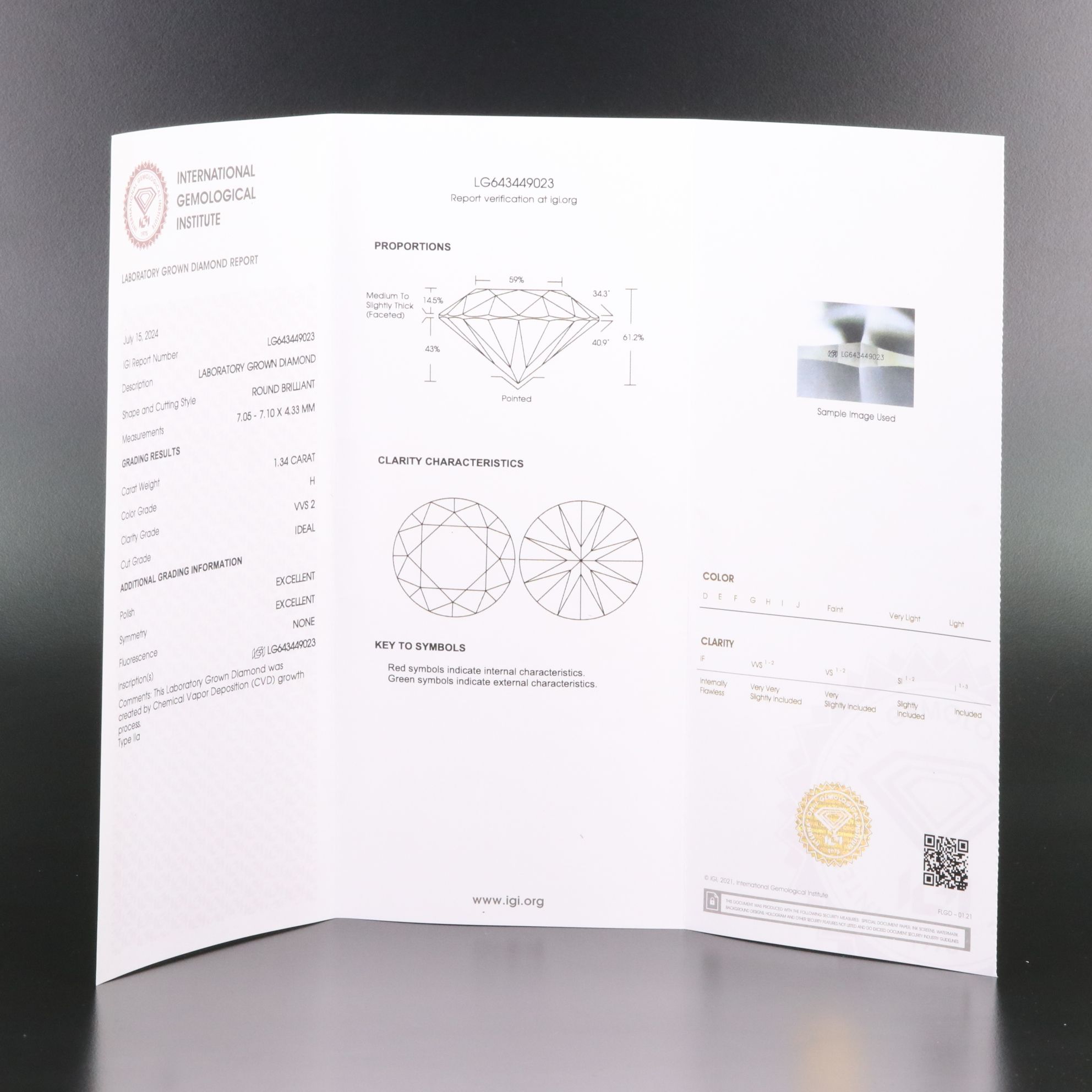 Loose 1.34 CT Lab Grown Diamond with IGI Report