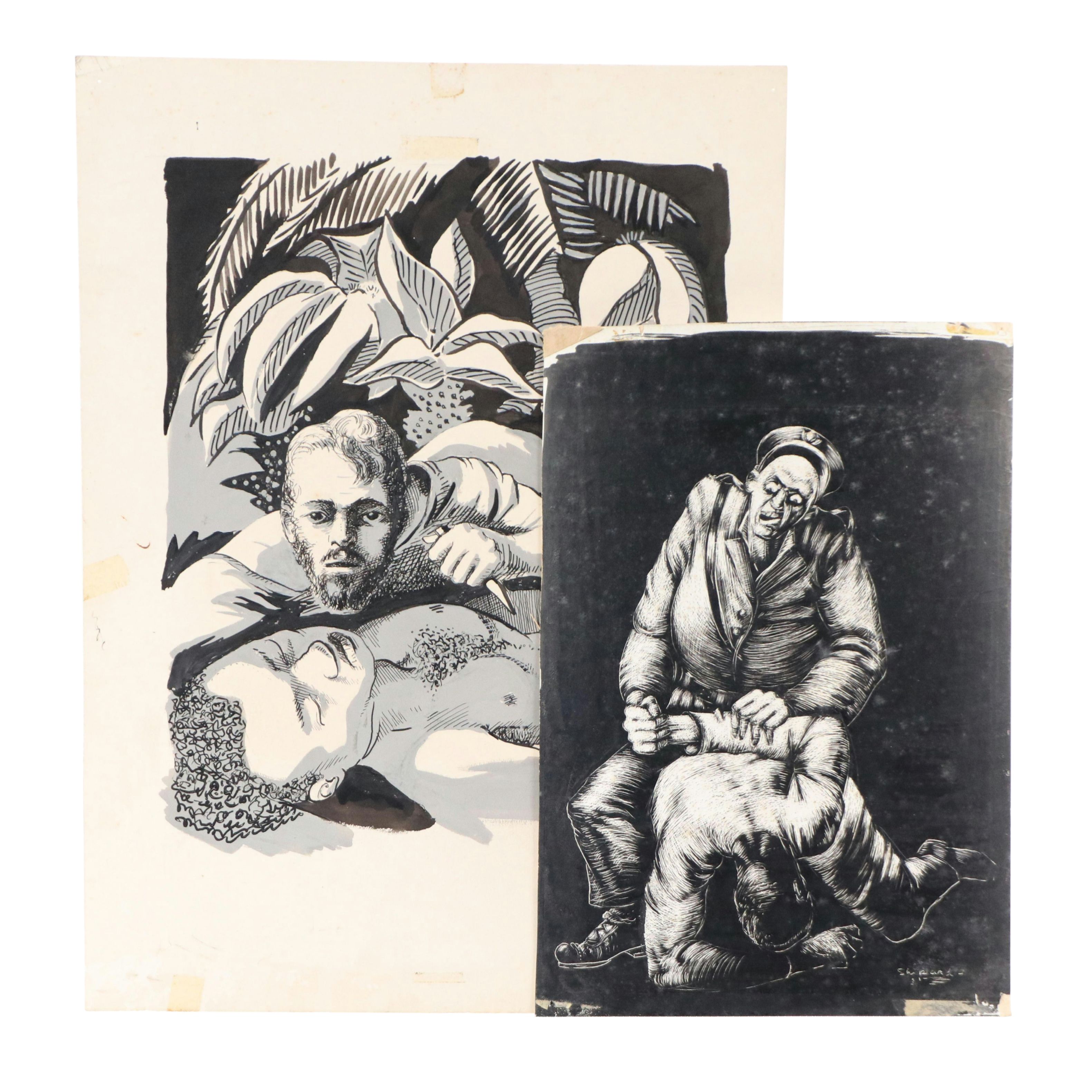 Harvey Shepard Figural Gouache Painting and Scratchboard Drawing, Mid-20th C.